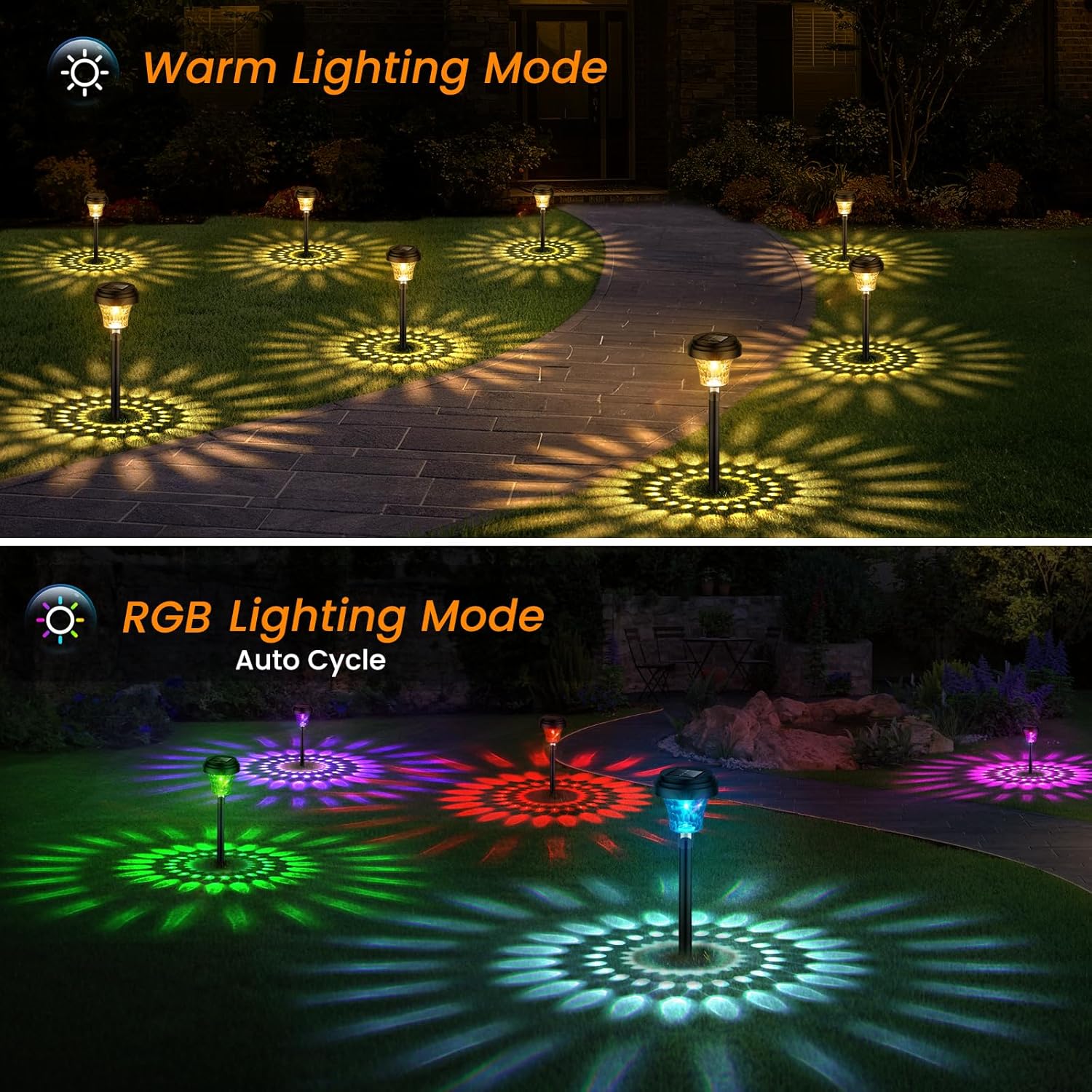 Solarleuchten für den Garten im Freien, 8 Stück, Solarleuchten für den Garten mit warmem Licht und 7 RGB-Farbwechsel, IP65 wasserdicht, automatisches Ein-/Ausschalten, LED-Gartenleuchten, Solar-Wegeleuchten für die Gartendekoration im Freien – Bild 3