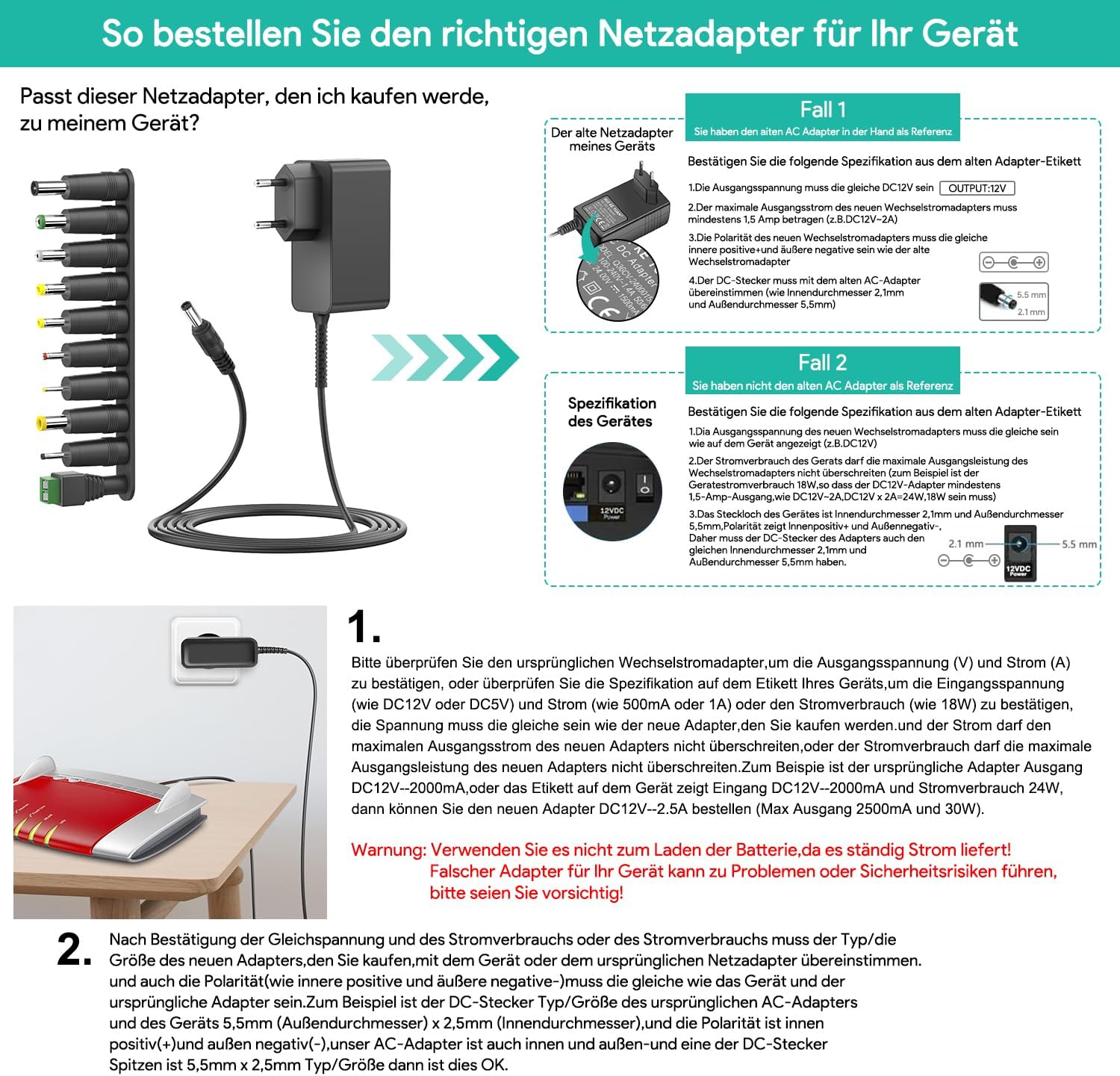 HKY 12 V 2,5 A Universal-Netzteil, Ladegerät, Ladekabel, Adapter für LED-Streifen, Wasserpumpe, Drucker, Scanner, Router, DVD-Player, externe Festplatten, Kamera, Radio, Netzteil, Medion E2221T MD, Akoya E3215 – Bild 2