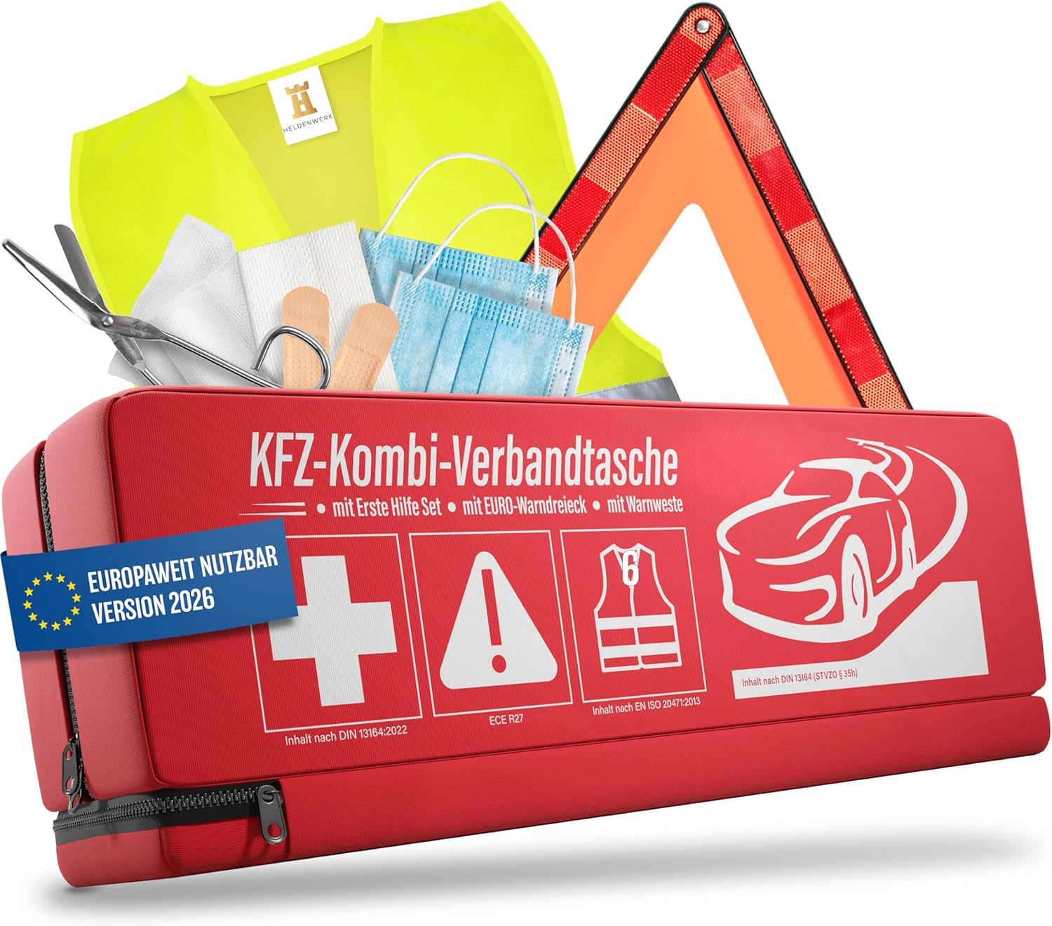 HELDENWERK PKW-Kombitasche (3 in 1) nach aktueller Norm 2026 – inkl. Warndreieck, Warnweste – Verbandskasten Warndreieck-Set Verbandskasten KFZ DIN 13164:2022 (StVO konform)