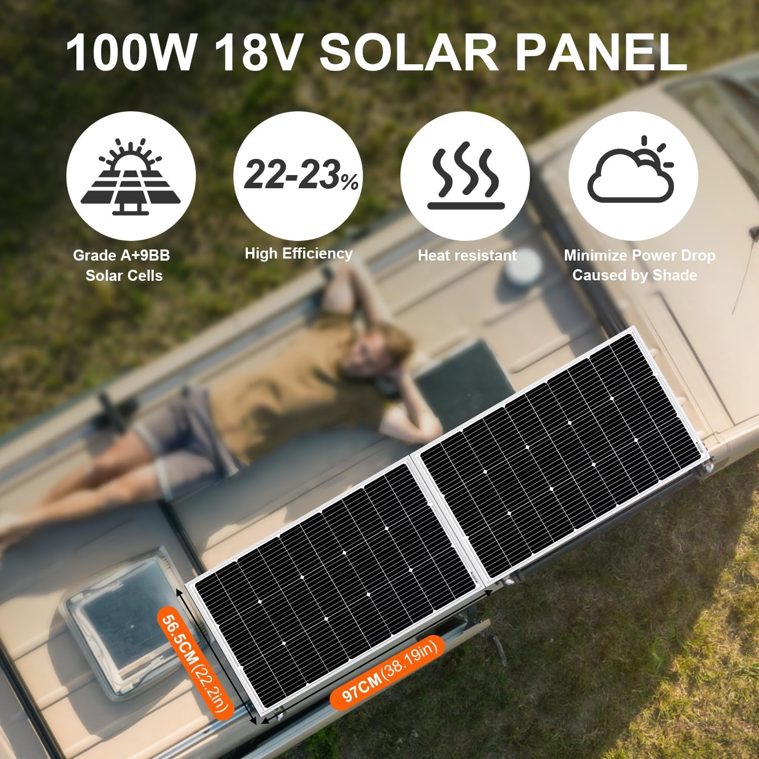 DOKIO Solarpanel 100 W 2 Stück (200 W) 18 V monokristallin (hohe Leistung) für 12 V Autobatterie, AGM, Gel-Batterie, ideal für Wohnmobil, Camping, Gartenhaus – Bild 2