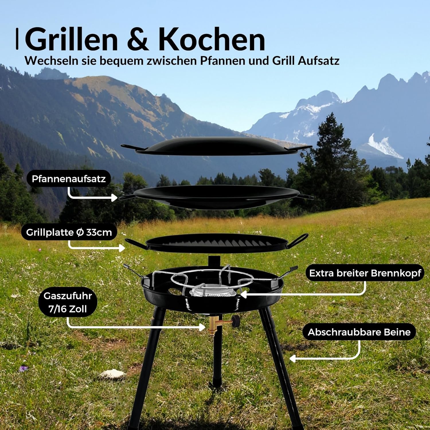 Gasgrill mit Pfanne & Wok + 4 Kartuschen (300 g) | für Schraubgaskartuschen | Schraubbar | Campinggrill, Partygrill für Camping, Festivals & Outdoor (Gaskocher + 4 Kartuschen) – Bild 5