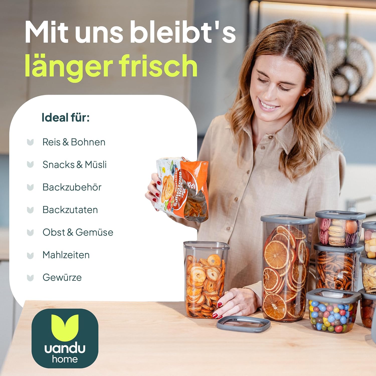 uandu Vorratsdosen mit Deckel, luftdicht – Set mit 12 Vorratsbehältern, BPA-frei, Küchen-Vorratsdosen für Müsli, Mehl und Zucker, mit Etiketten – Bild 5