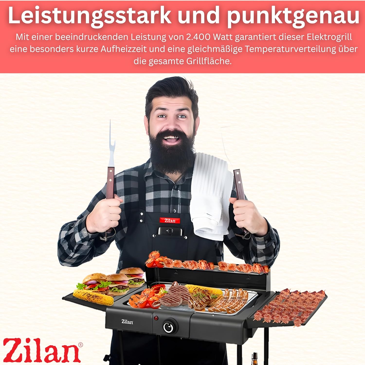 2-in-1 Elektrogrill Standgrill Tischgrill elektrisch 2.400 Watt – Elektrogrill für Balkon, Outdoor und Indoor mit Standfuß große Grillfläche stufenlose Temperaturregelung Elektro-BBQ-Grill – Bild 4