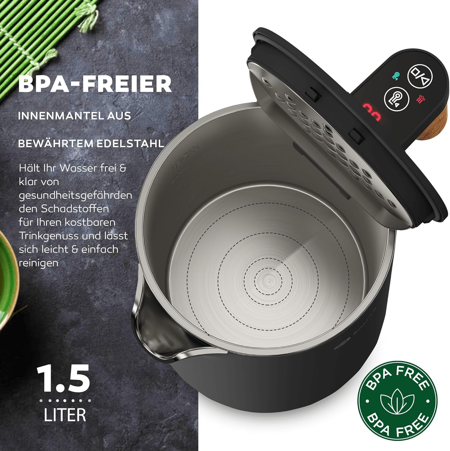 BALTER Edelstahl-Wasserkocher mit Temperatureinstellung, 45 °C – 100 °C, doppelwandig, BPA-frei, leise & kabellos, Warmhaltefunktion, Teebereiter mit Temperaturanzeige, 1,5 l, 2200 W, schwarz – Bild 5