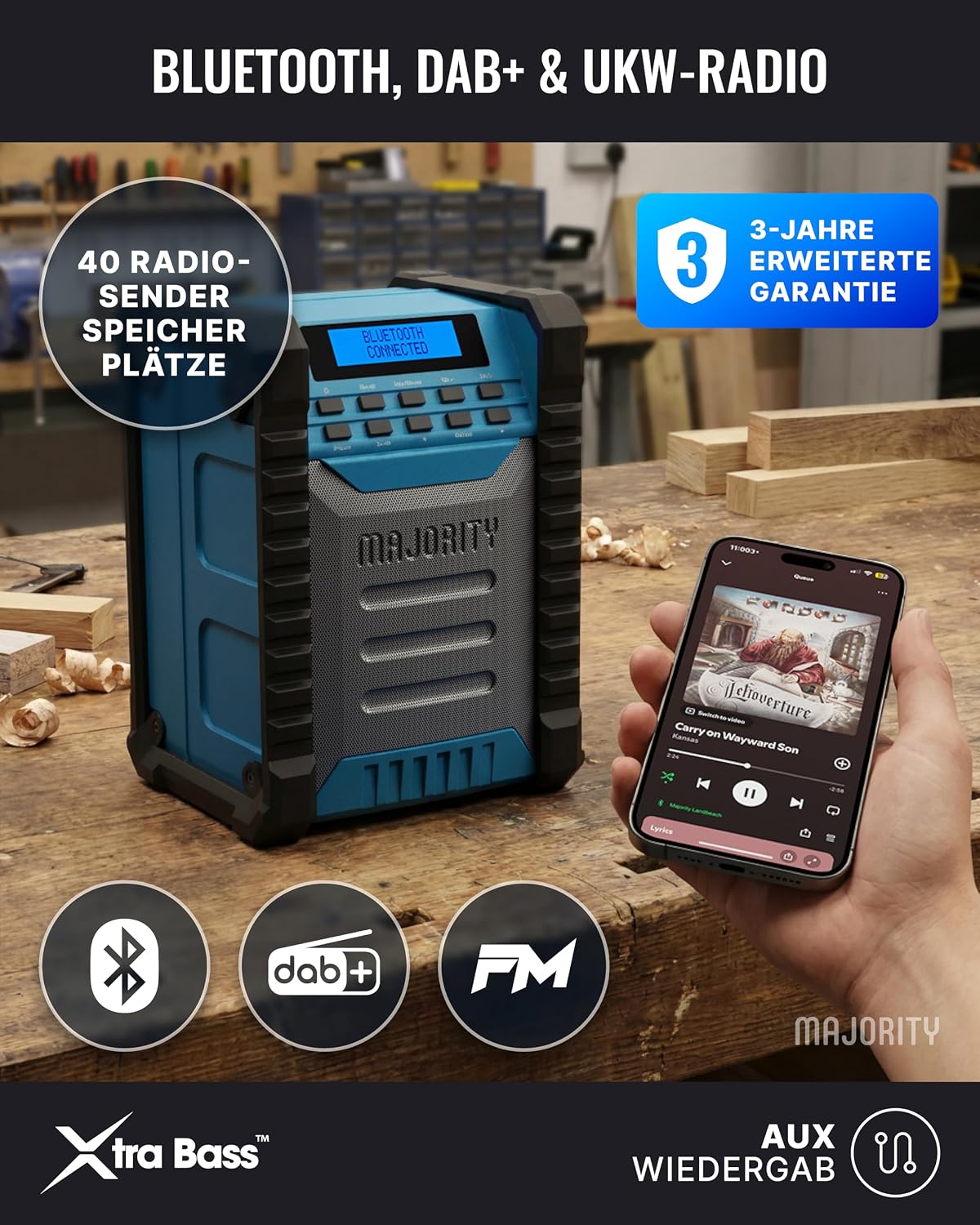 MEHRHEIT Landbeach Construction Site Radio | DAB-Radio mit Bluetooth für die Baustelle | 10.000-mAh-Akku und USB-Powerbank | 28 Stunden Akkulaufzeit | IP54 Staub- und wasserdichtes DAB Plus- und UKW-Radio – Bild 5