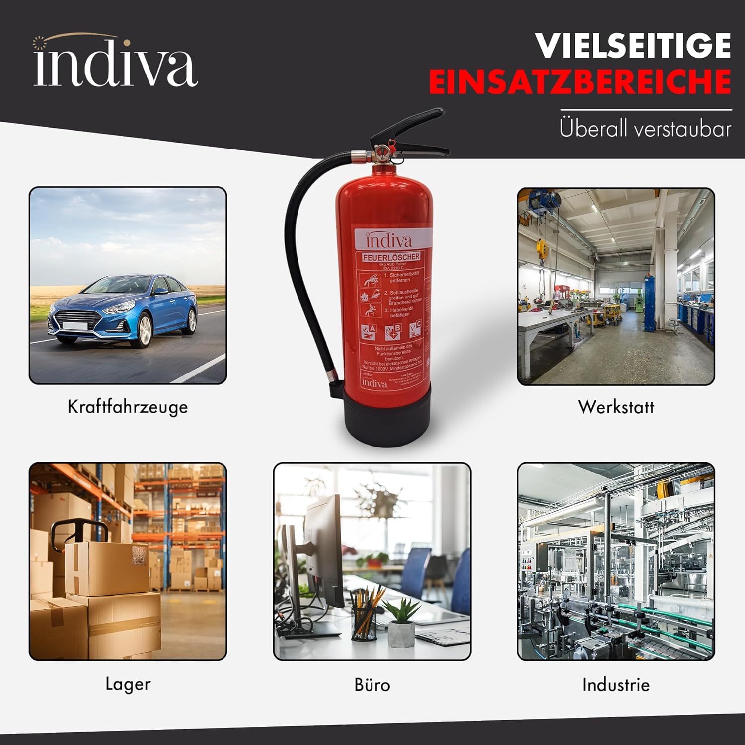 Pulverfeuerlöscher Brandklassen ABC – Feuerlöscher 6 kg – Dauerdrucklöscher 43A 233 BC – Feuerlöscher für Auto, Büro, Werkstatt, Lager & Industrie – Pulverlöscher 12 Löscheinheiten – Bild 5