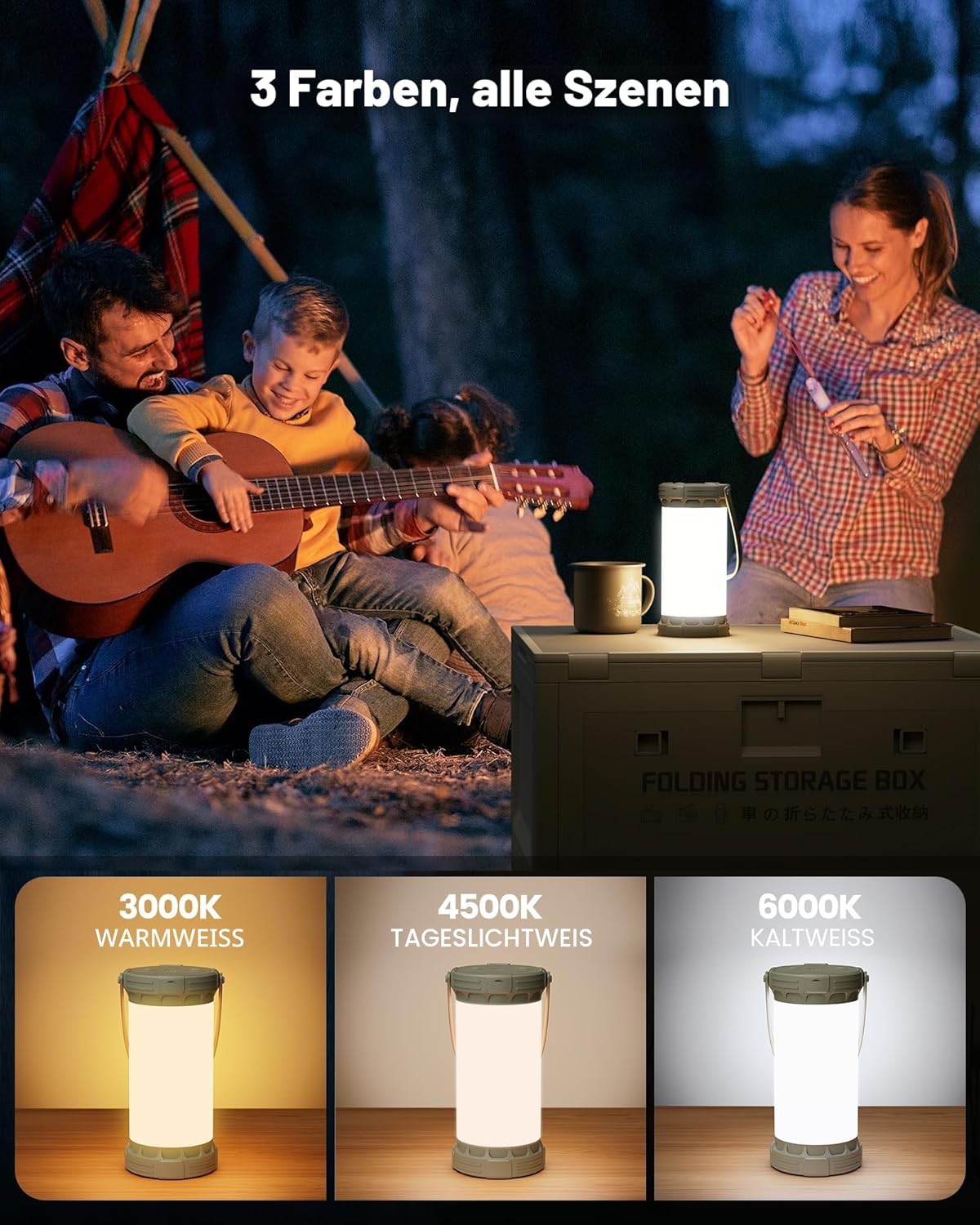 Glocusent Campinglampe & Zeltlampe: 1500 lm Campingleuchte 135 LED, 200 Stunden, 5000 mAh mit 3 Farben und 5 Helligkeitsstufen, SOS, wiederaufladbare Laterne für Stromausfälle, Camping, Wandern, Notfälle – Bild 4