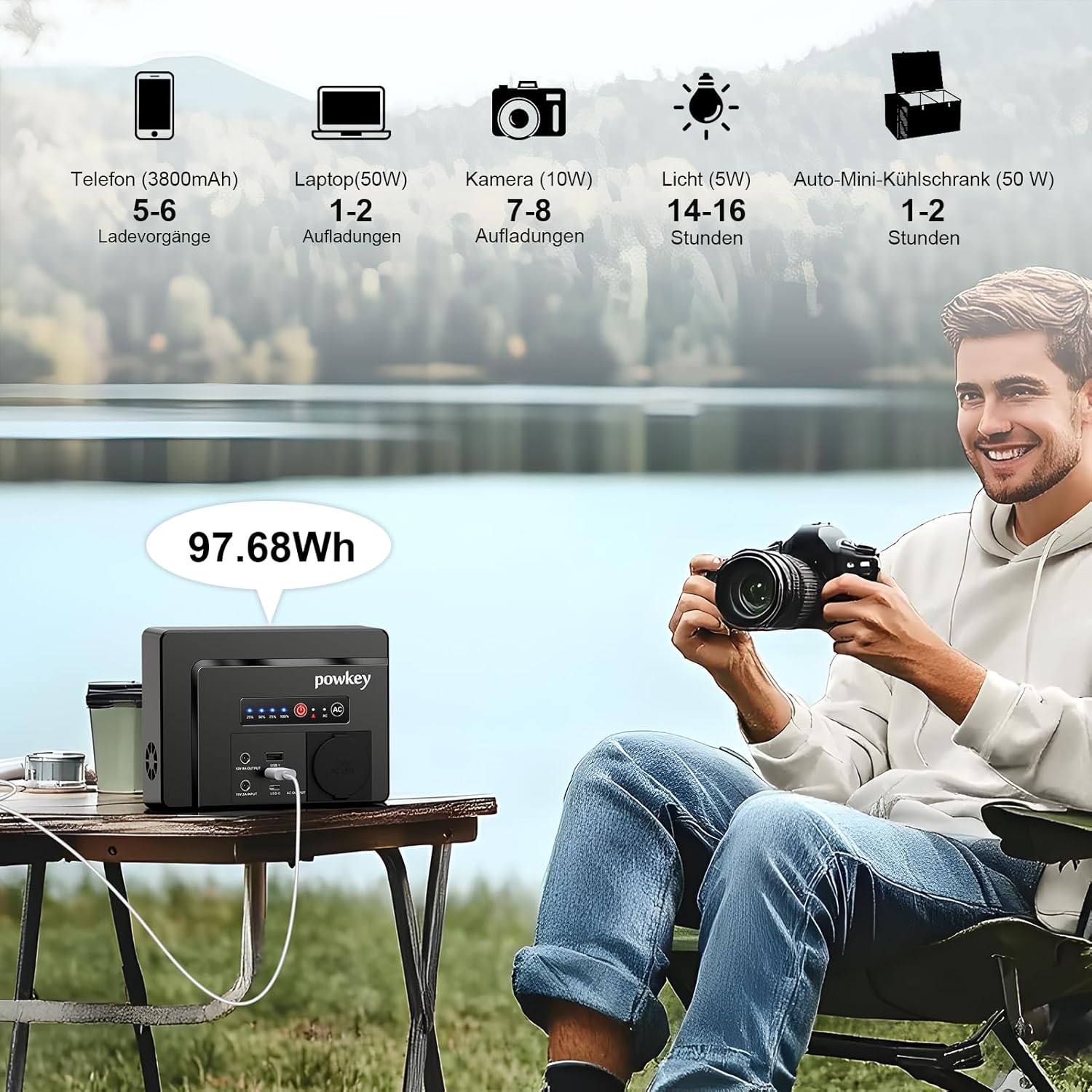 Powkey Tragbare Power Station 26400 mAh/97,68 Wh Power Bank Steckdose mit 100 W/230 V AC Ausgang, 12 V 8 A DC, PD 65 W USB C Externer Akku Power Station Camping Tablet Handy – Bild 2