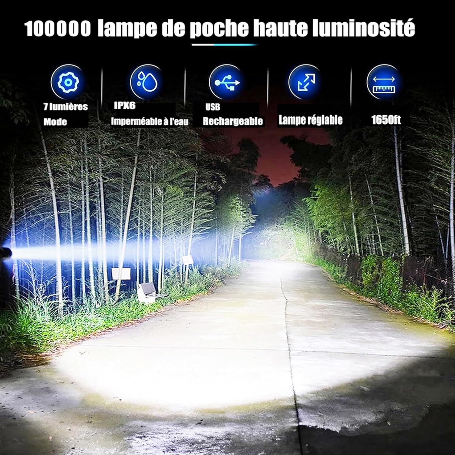 ZEUSFIRE LED-Taschenlampe, 100.0000 Lumen, extrem helle zoombare taktische Taschenlampe mit 7 Lichtmodi und langer Betriebszeit, wasserdichte Handlampe für Camping, Wandern, Angeln, Outdoor, Notfall – Bild 2