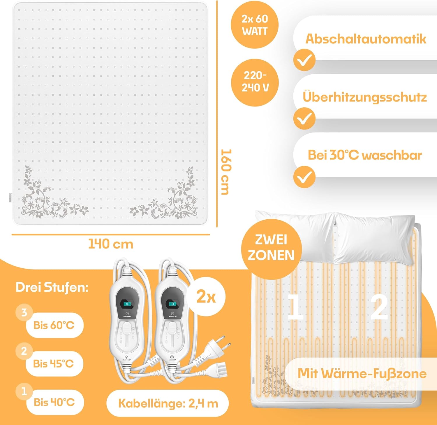 KESSER Doppel-Thermo-Unterbett 160 x 140 cm mit automatischer Abschaltung, 2 Temperaturzonen, ferngesteuerte Heizdecke mit 3 Temperaturstufen, beheizte Bettunterlage fürs Bett, warme Decke aus weichem Fleece, weiß – Bild 6
