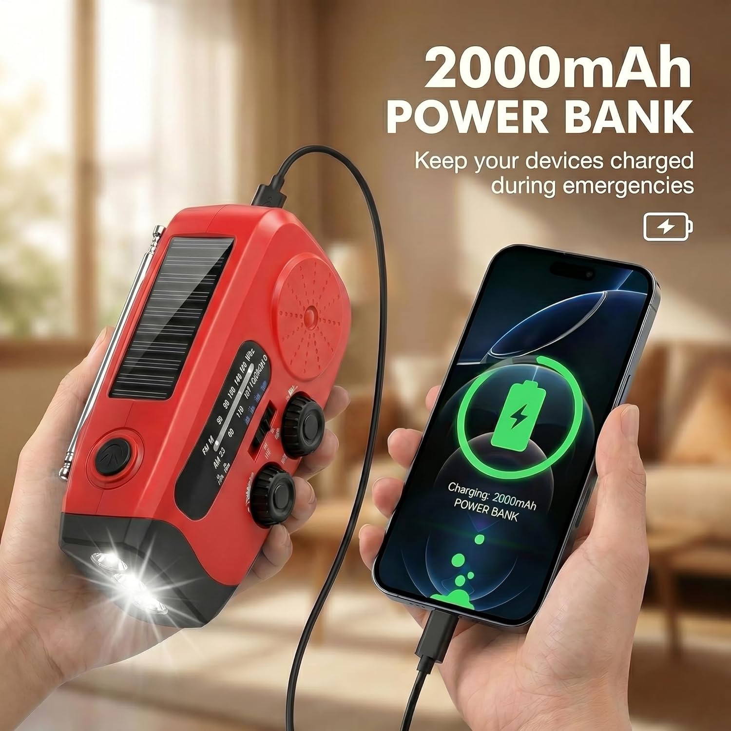 Notfallradio mit Solar & Kurbel, 3 x LED-Taschenlampe, 2000 mAh Powerbank, AM/FM/Wetter, USB-C, SOS-Alarm – Tragbares Survival-Set für Camping, Outdoor, Stromausfall – Bild 5