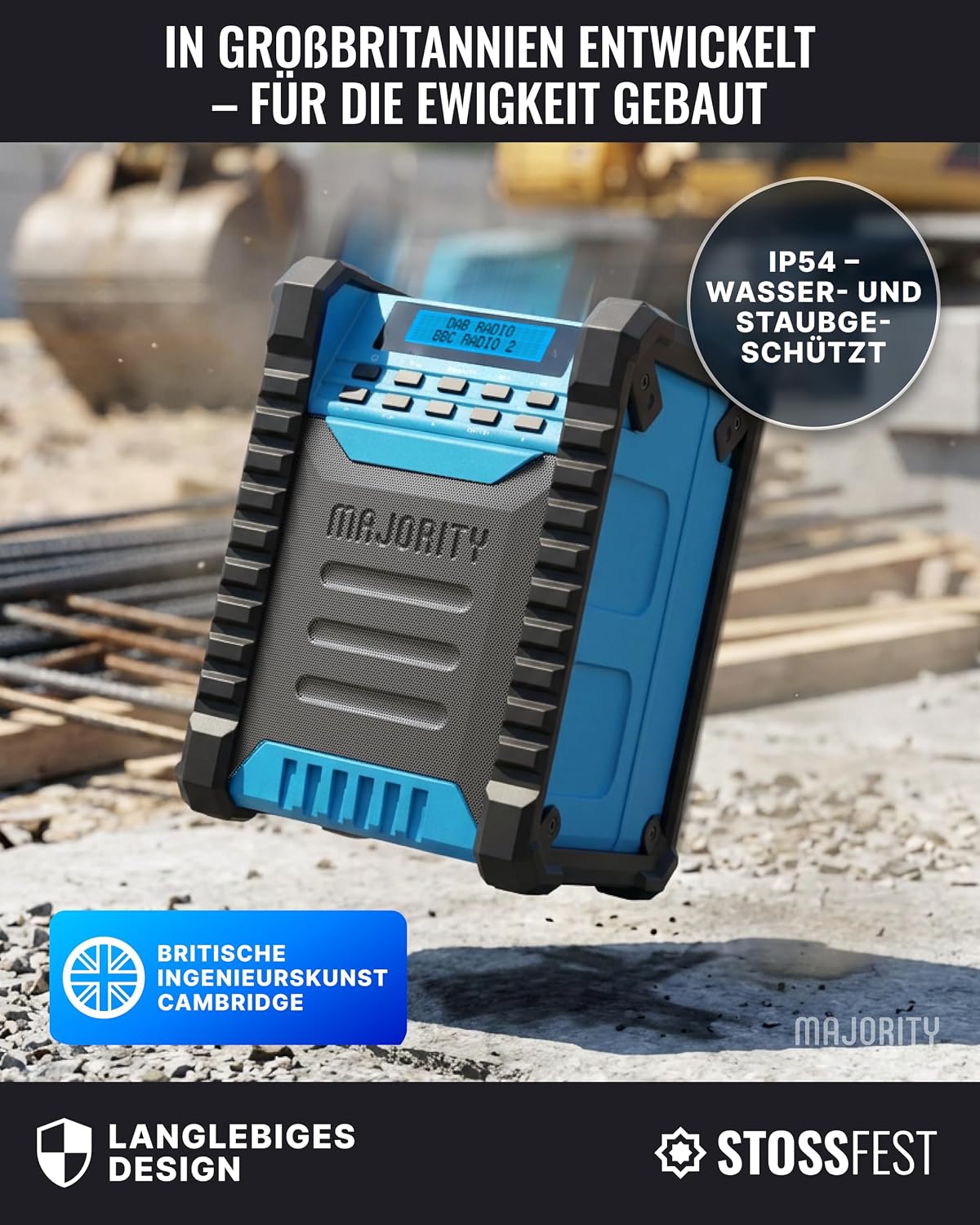 MEHRHEIT Landbeach Construction Site Radio | DAB-Radio mit Bluetooth für die Baustelle | 10.000-mAh-Akku und USB-Powerbank | 28 Stunden Akkulaufzeit | IP54 Staub- und wasserdichtes DAB Plus- und UKW-Radio – Bild 6