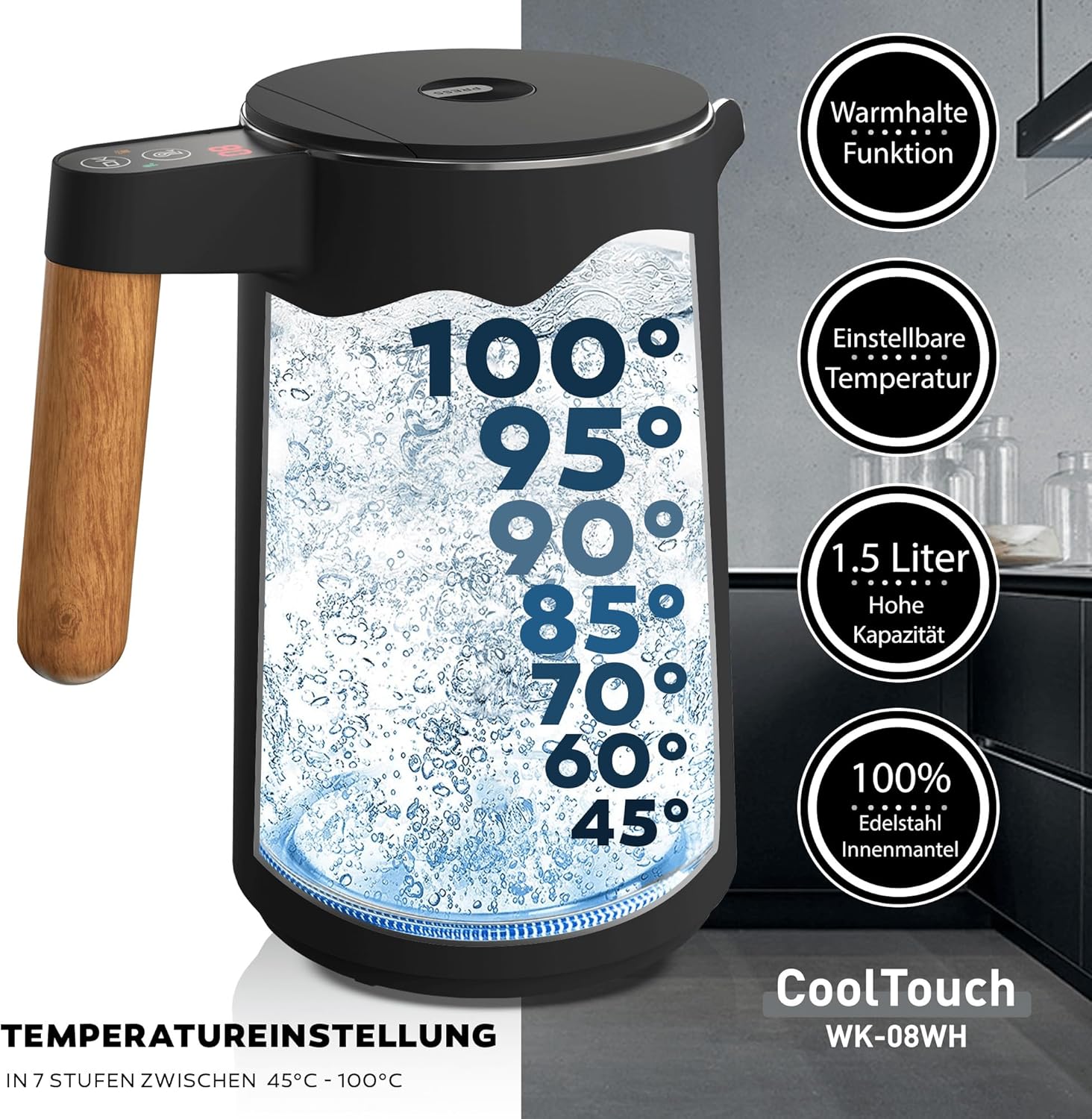 BALTER Edelstahl-Wasserkocher mit Temperatureinstellung, 45 °C – 100 °C, doppelwandig, BPA-frei, leise & kabellos, Warmhaltefunktion, Teebereiter mit Temperaturanzeige, 1,5 l, 2200 W, schwarz – Bild 4