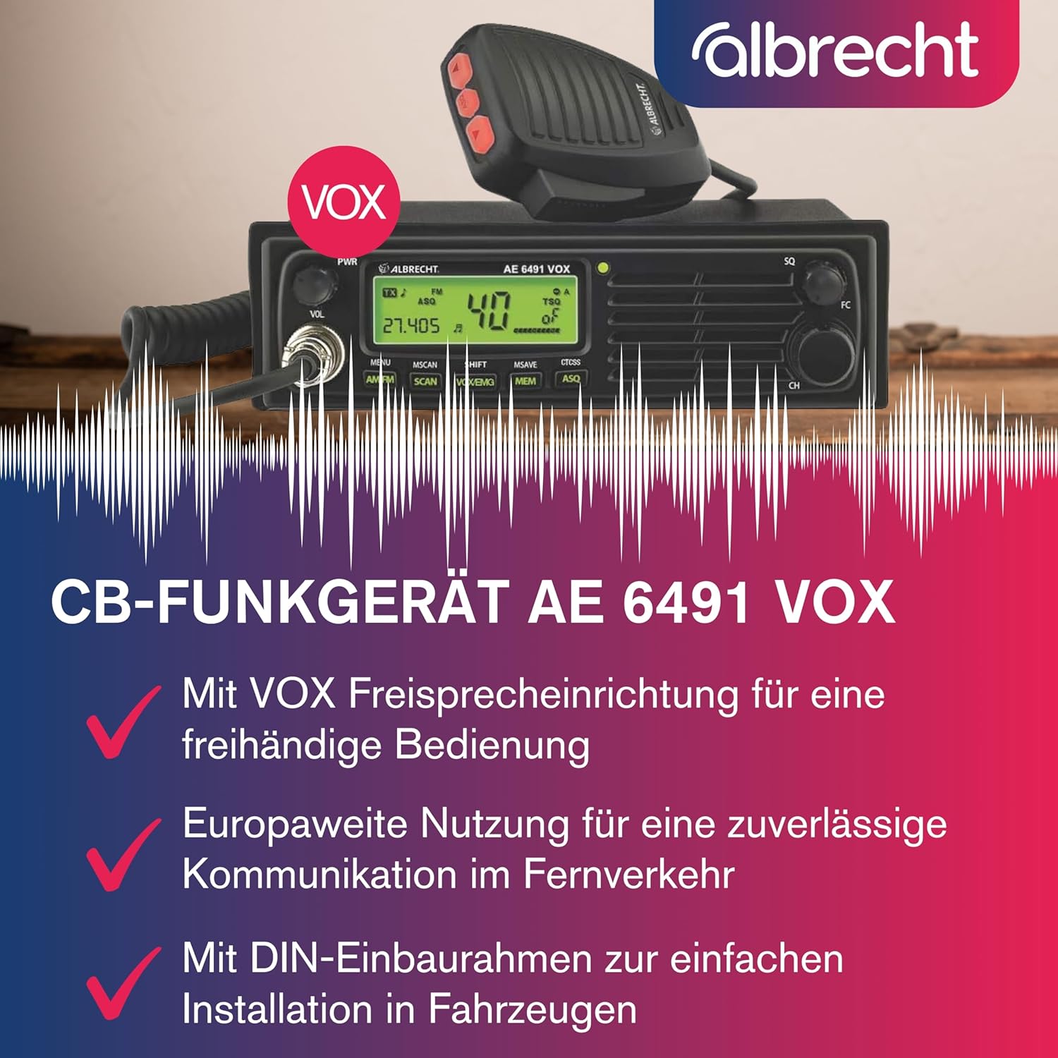 Albrecht AE 6491 VOX CB-Radio, mit VOX-Freisprechfunktion für die freihändige Nutzung im PKW & LKW, CB-Radio mit ASQ & CTCSS, 12/24 Volt, schwarz – Bild 2