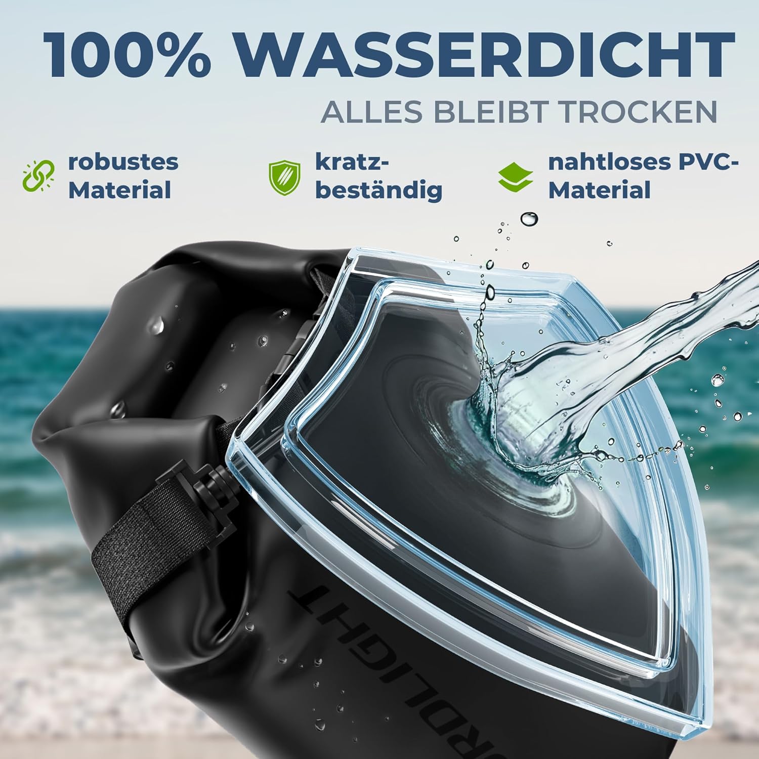 Nordlight Dry Bag wasserdichte Tasche, 2 l, 5 l, 10 l, 15 l, 20 l, 30 l, wasserdichter Trockensack + Roll-Top + Schultergurt, Schwimmen, Baden, Strand, Kanu, SUP, Tauchen, Handy – Bild 5
