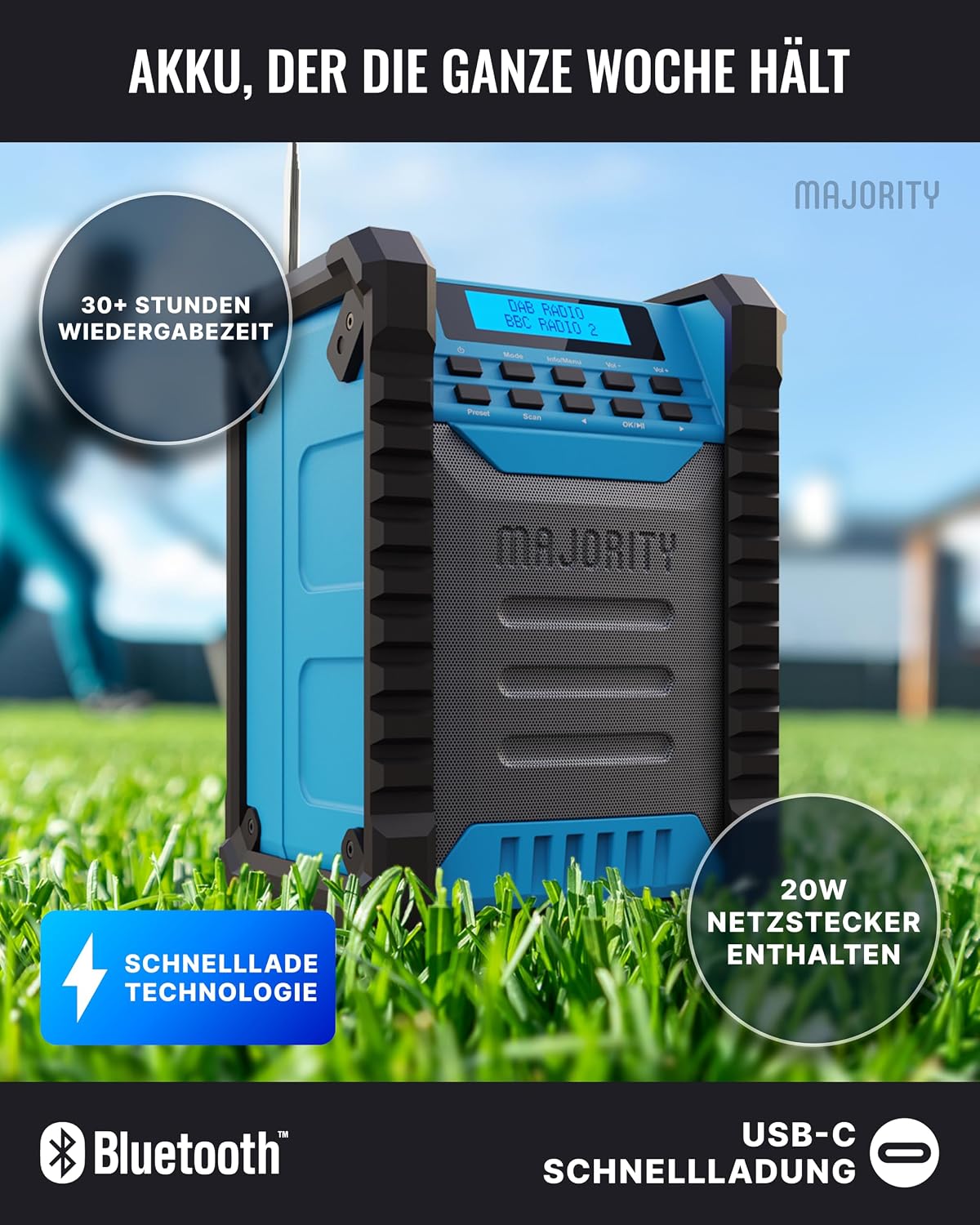 MEHRHEIT Landbeach Construction Site Radio | DAB-Radio mit Bluetooth für die Baustelle | 10.000-mAh-Akku und USB-Powerbank | 28 Stunden Akkulaufzeit | IP54 Staub- und wasserdichtes DAB Plus- und UKW-Radio – Bild 3
