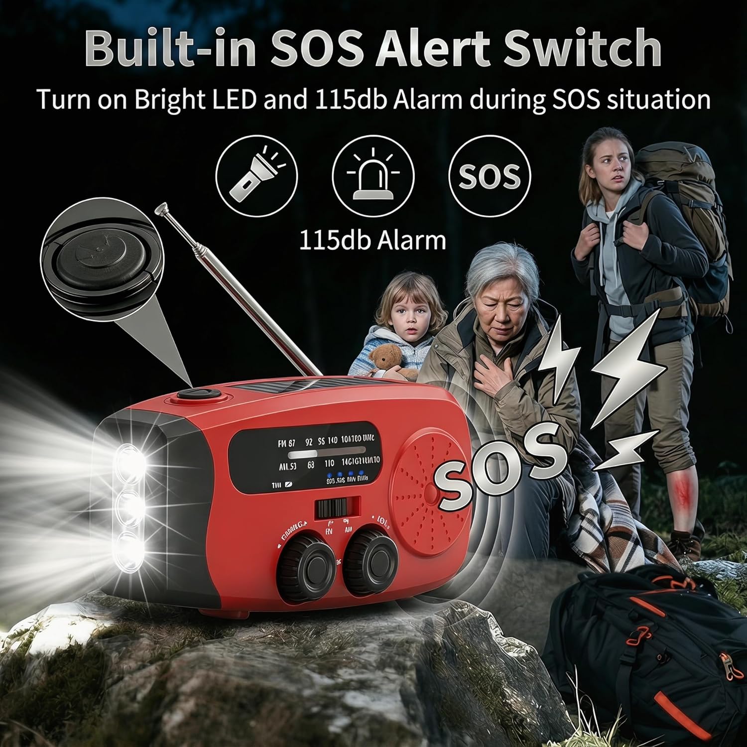 Notfallradio mit Solar & Kurbel, 3 x LED-Taschenlampe, 2000 mAh Powerbank, AM/FM/Wetter, USB-C, SOS-Alarm – Tragbares Survival-Set für Camping, Outdoor, Stromausfall – Bild 4