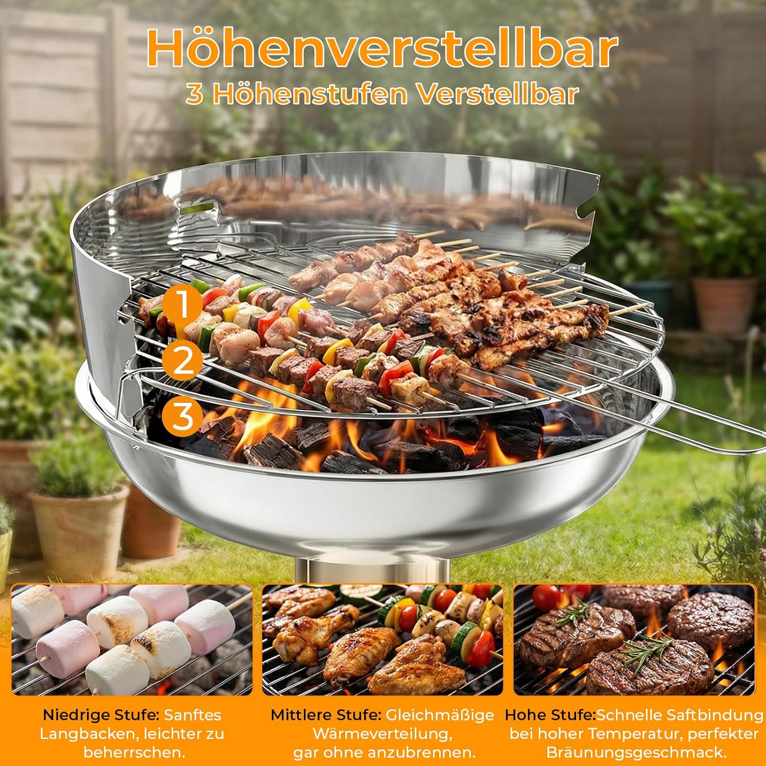TLGREEN Edelstahl-Holzkohlegrill, Säulengrill, wetterfest, 40 x 40 x 69 cm, 3-fach höhenverstellbar, Premium-Edelstahlgrill mit verchromtem Grillrost, Aschenbecher und Belüftung, für Outdoor, Camping, Grillen – Bild 7