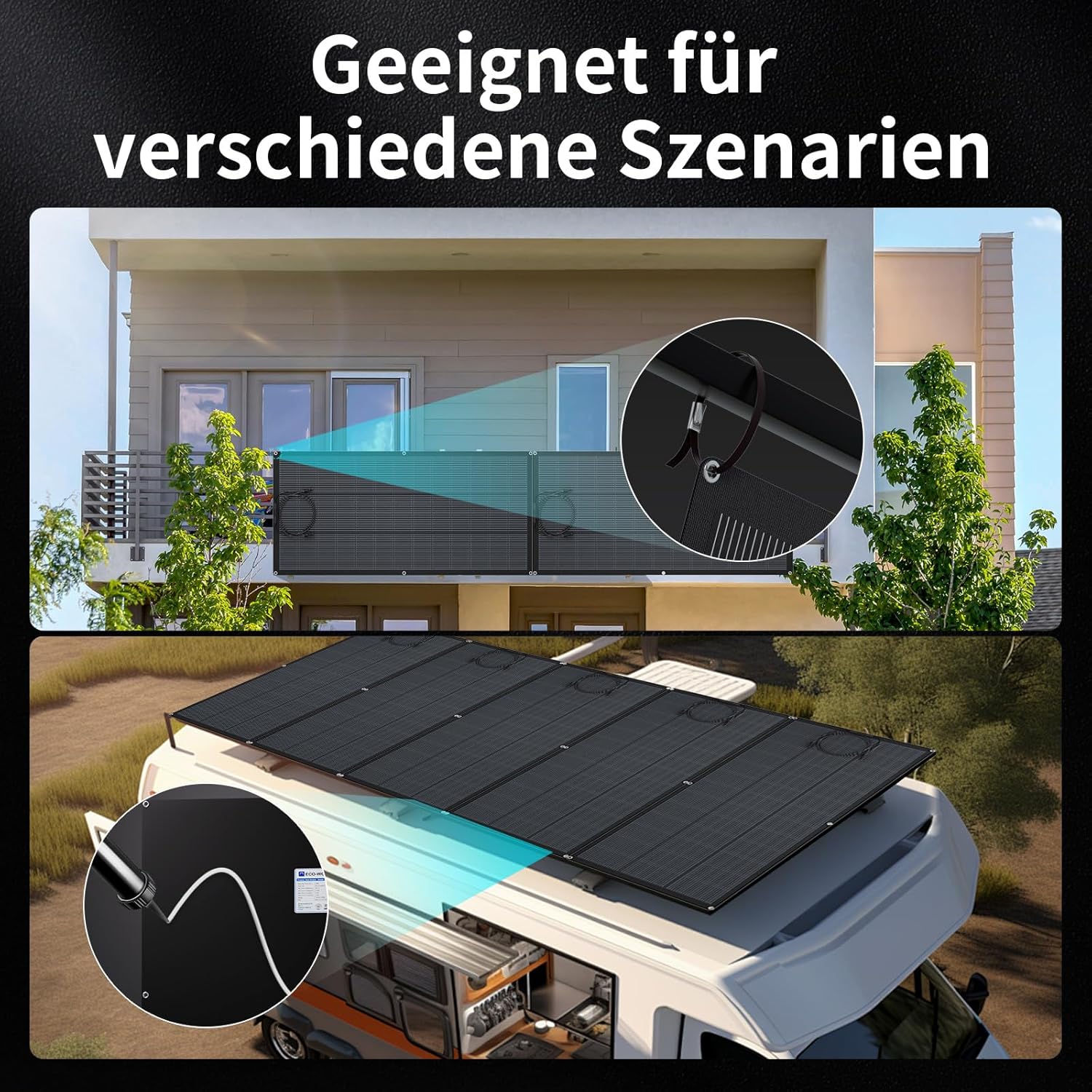 ECO-WORTHY 400 W flexibles Solarpanel 2 x 200 W Solarpanel 24 V ETFE 18BB Solarmodul 25 % hohe Umwandlung für Balkon, Wohnwagen, Dach, Camping, Haus, Yacht, unebene Oberflächen – Bild 6