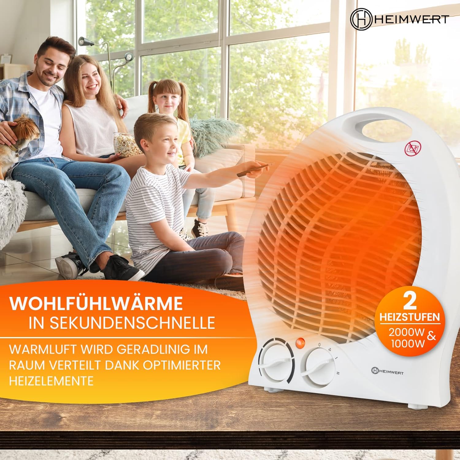 HEIMWERT Heizlüfter energiesparend 2000 Watt – Schnellheizer mit Energiesparstufe und Tragegriff – Elektroheizer mit Thermostat und 2 Power-Wärmestufen I 2-in-1-Kühlfunktion I 22 x 29 x 13 cm (weiß) – Bild 4