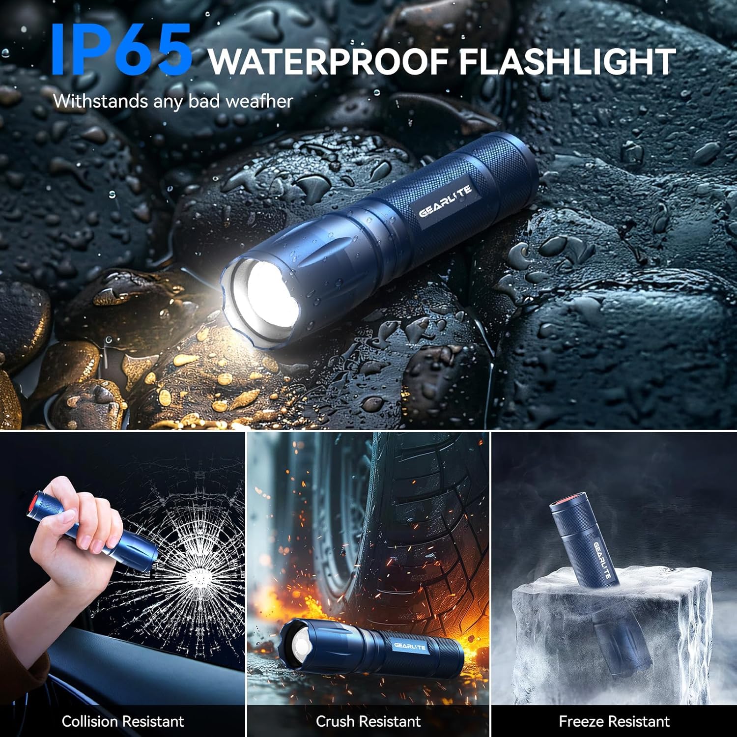 GEARLITE LED-Taschenlampe, batteriebetrieben, 2 Stück, 2000 Lumen, extrem hell mit 5 Modi, IP65 wasserdicht, für Kinder, Camping, Outdoor – Blau – Bild 5