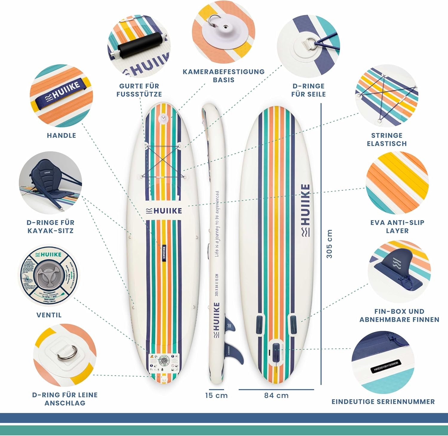 HUIIKE Stand Up Paddling Board mit Zubehör, Paddel, Finnen, Pumpe. Paddle Sup Board Aufblasbar Hohe Stabilität und Widerstandsfähigkeit. 305 x 84 x 15 cm, belastbar bis 130 kg – Bild 2