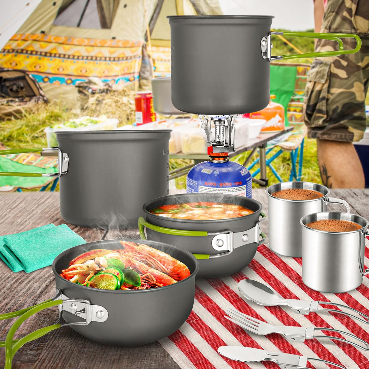 Odoland Camping-Kochset, 16-teiliges Camping-Kochgeschirr, Messset für 2 Personen, leichter Topf, Pfanne, Mini-Kocher mit 2 Tassen, Gabel, Messer, Löffel-Set – Bild 6