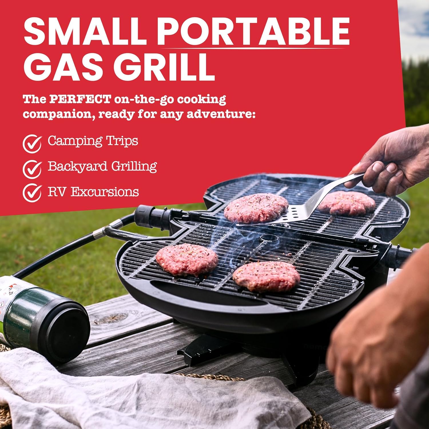 NOMADIQ BBQ Camping Tischgrill Kompakt 2 Brenner Gasgrill Camping Gasgrill Balkon Wohnmobil Grillplatte Tragbarer Outdoor Grill Outdoor Herd (Schwarz 2.0) – Bild 2