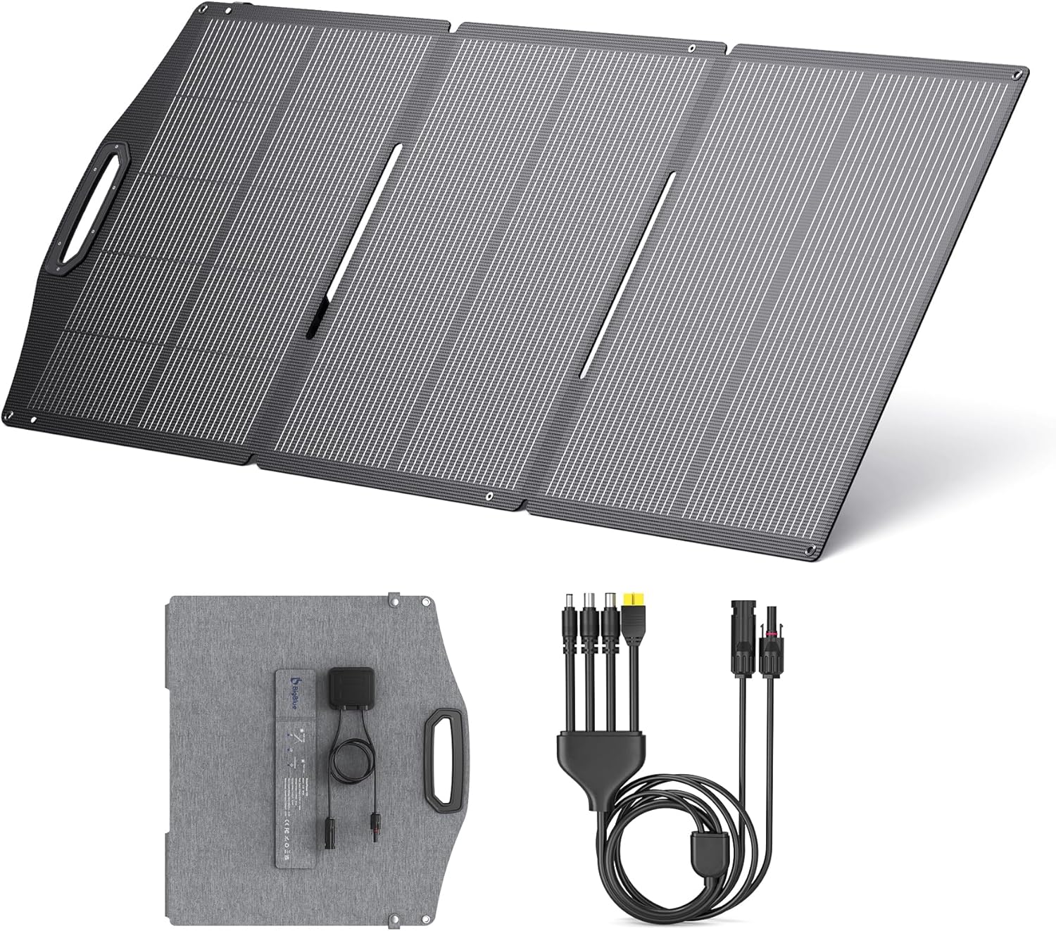 BigBlue 150W tragbares Solarpanel ETFE, faltbare Solarmodule N-Typ 20,8V/9,23A mit Ständer, IP68 wasserdicht, tragbares Solarladegerät mit 5 Anschlussarten für Stromtankstelle, Camping, Wohnmobil