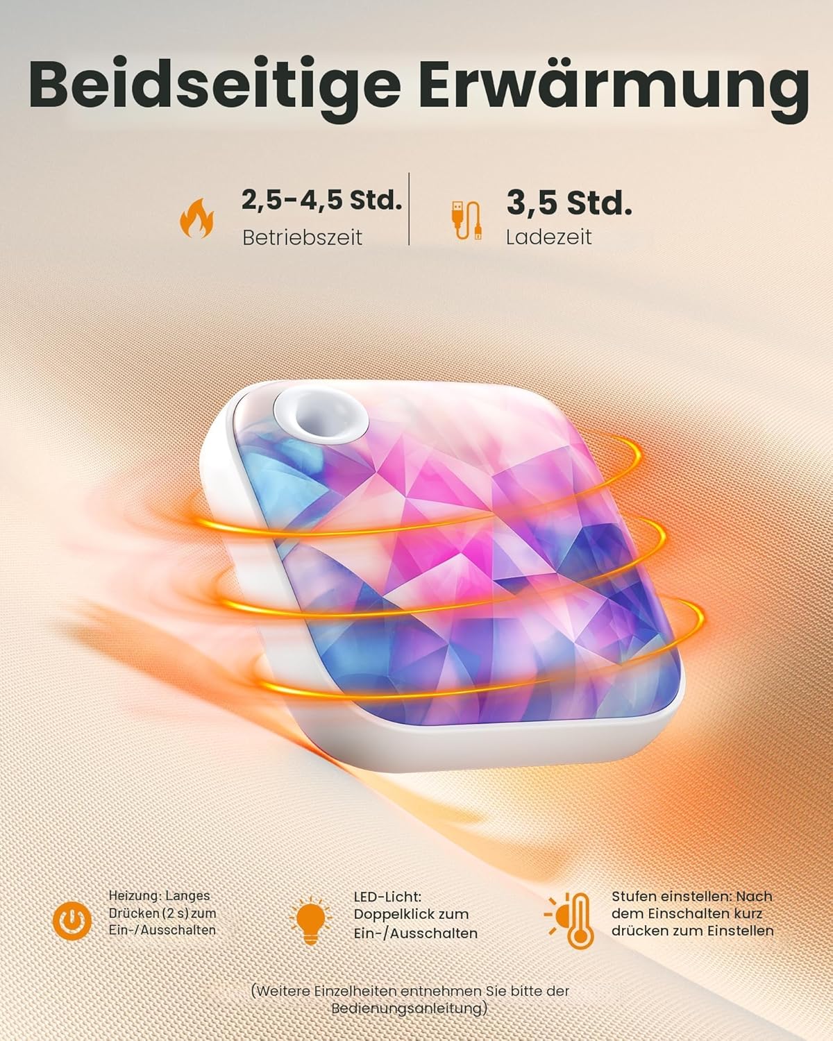 Gaiatop Elektrischer Handwärmer, 3 Heizstufen, 4000 mAh, doppelseitiger Taschenwärmer, wiederverwendbar mit Licht/Gurt, niedlicher Handwärmer in Handflächengröße, USB-Heizung, Geschenke für Winter-Gadgets – Bild 3