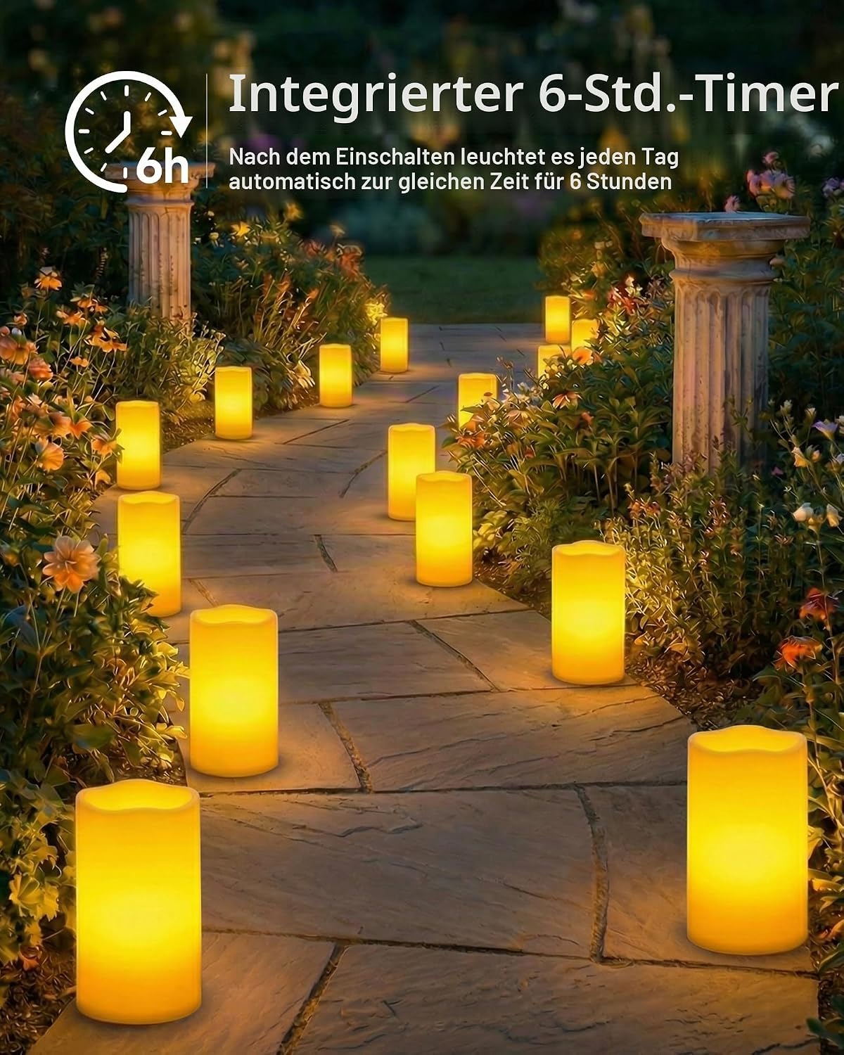 Homemory 15,2 x 30,5 cm große flammenlose Outdoor-Kerze, wasserdicht mit 6-Stunden-Timer, batteriebetriebene Kerze, elfenbeinfarbener Kunststoff, super lange Lebensdauer für ein halbes Jahr – Bild 5