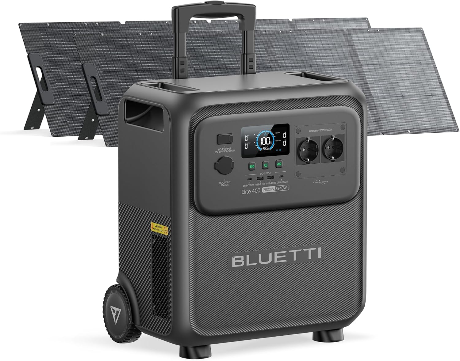 BLUETTI Elite 400 Power Station mit 2 x 200 W Solarpanels, 3840 Wh LFP-Batterie mit 2600 W AC-Ausgängen (3900 W Power Lifting), Notstrombatterie mit hoher Kapazität und Rädern für zu Hause