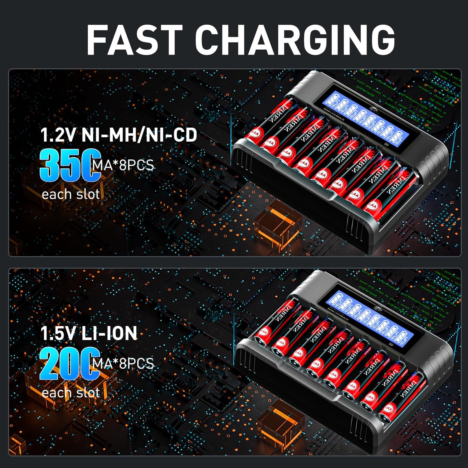 IMREN Batterieladegerät AA AAA, 8 Steckplätze 1,2 V NiMH/NiCD 1,5 V Lithium AA/AAA-Batterien Ladegerät, 5 V 2 A Typ-C Schnelles intelligentes Batterieladegerät mit LCD-Display – Bild 6