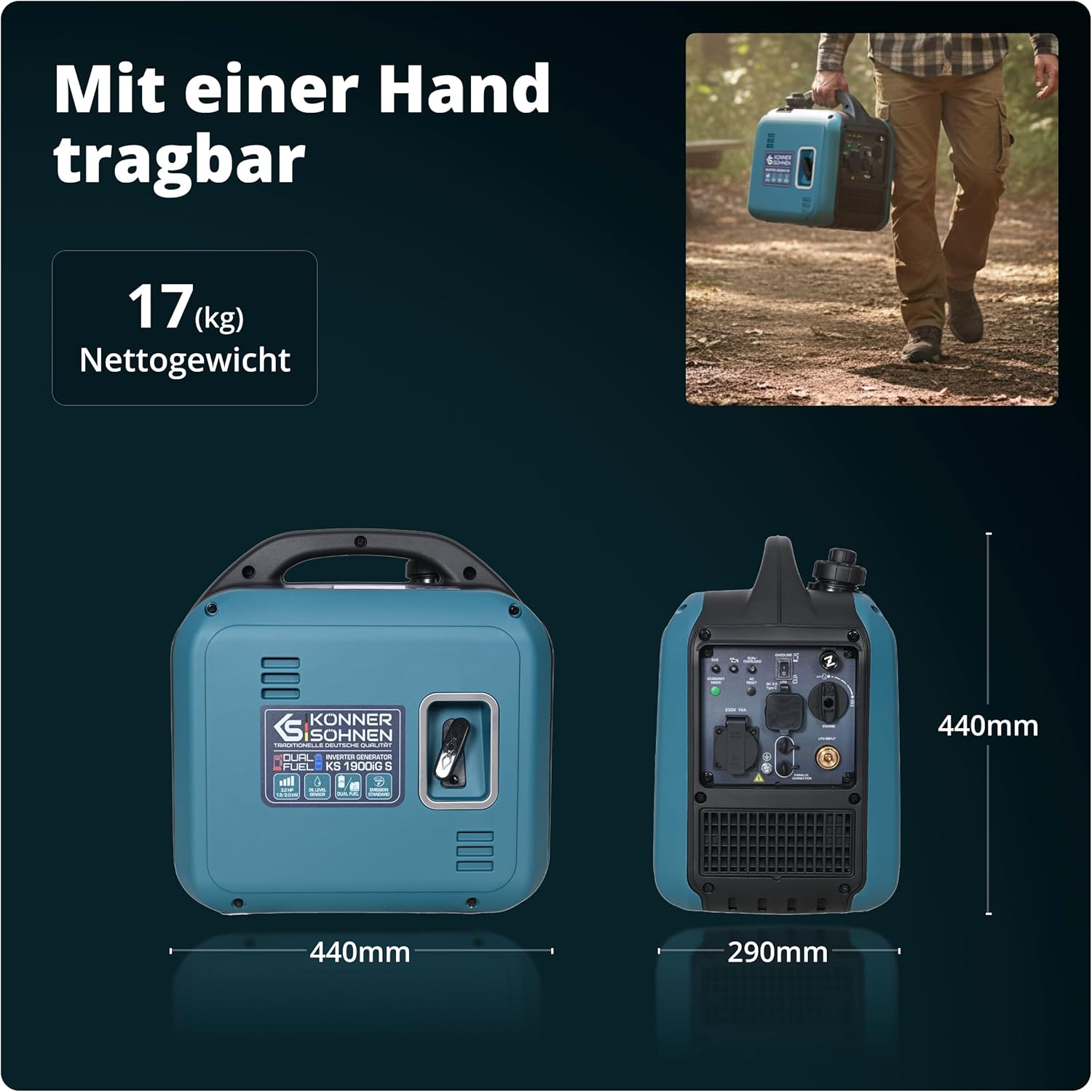 Könner & Söhnen KS 1900iG S Inverter Stromerzeuger, 2000 W Dual Fuel Generator (LPG/Benzin), Notstromaggregat leise, 17 kg, Ultraleicht, reine Sinuswelle, Eco-Modus, USB, Euro-5 – Bild 6