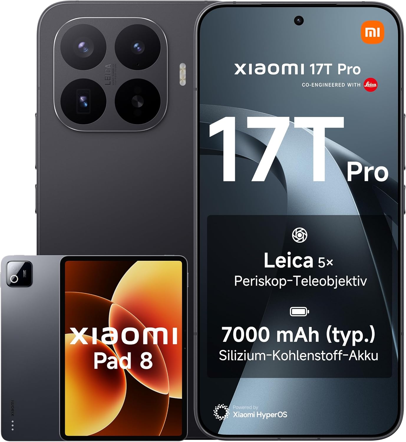 XIAOMI 17T Pro Smartphone 12GB+512GB, Handlich, Android, 6,83" 144Hz Display, 7000mAh Akku, Leica 5X Telekamera, 100W HyperCharge, Schwarz, 3 Jahre Herstellergarantie, inkl Pad 8 8+128GB Grau