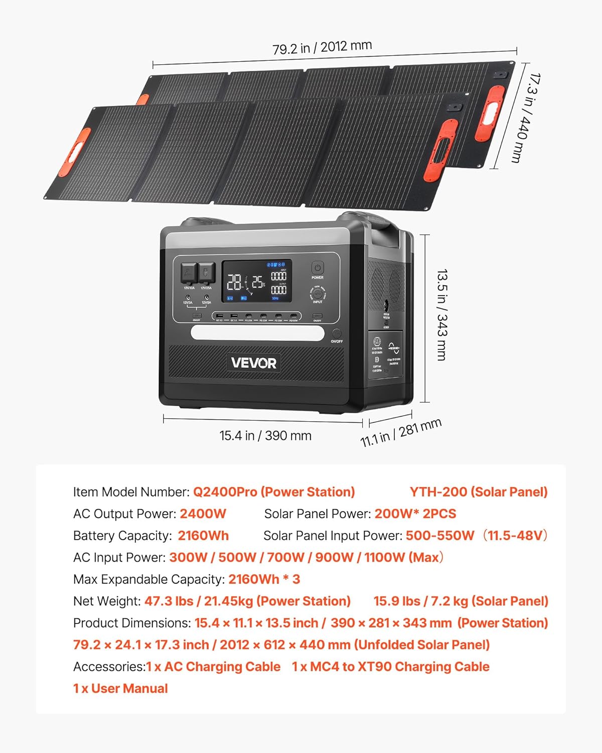 VEVOR Tragbares Kraftwerk, 2400-W-Solargenerator mit 2 faltbaren 200-W-Solarmodulen, erweiterbarer 2160-Wh-LiFePO4-Akku mit 10 Ausgängen für Notstromversorgung zu Hause, beim Camping und im Wohnmobil – Bild 7
