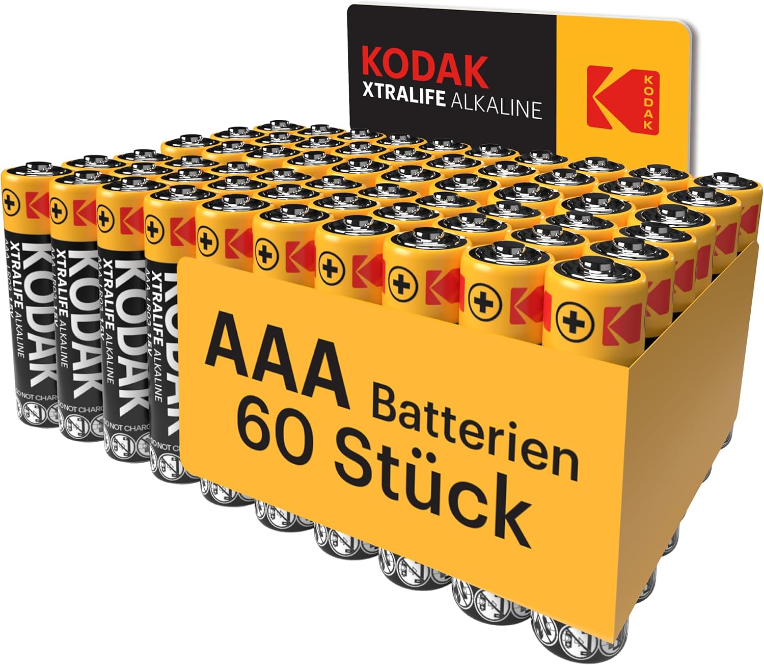Kodak Xtralife 60er-Pack AAA-Batterien, Triple-A-Batteriepack, LR03 Alkaline 1,5 V, 10 Jahre Haltbarkeit, ideal für Geräte mit hohem Stromverbrauch, 6x mehr Leistung, kunststofffreier Karton