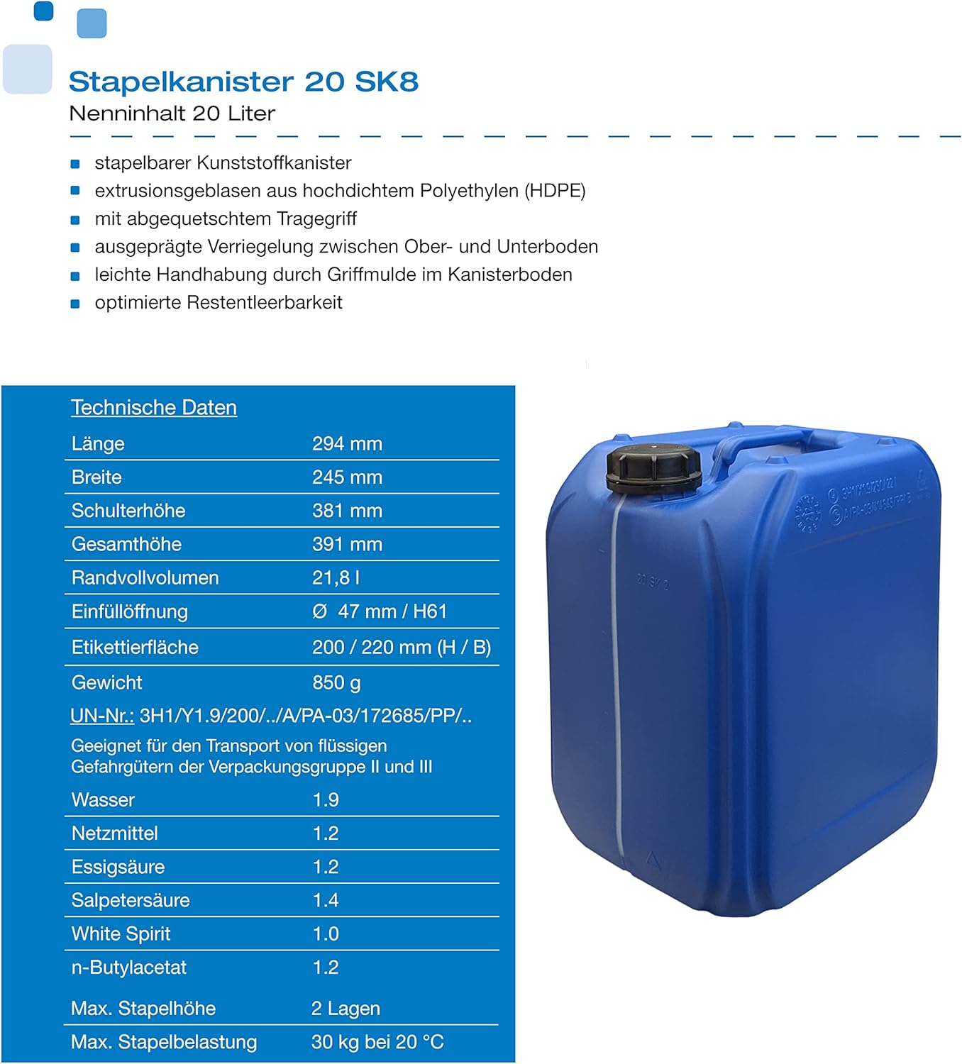 plasteo 3 x 20 Liter Trinkwasserkanister mit 1 Wasserhahn und 3 Schraubdeckeln (DIN 61), lebensmittelecht, BPA-frei, tragbar für drinnen und draußen, blau – Bild 5