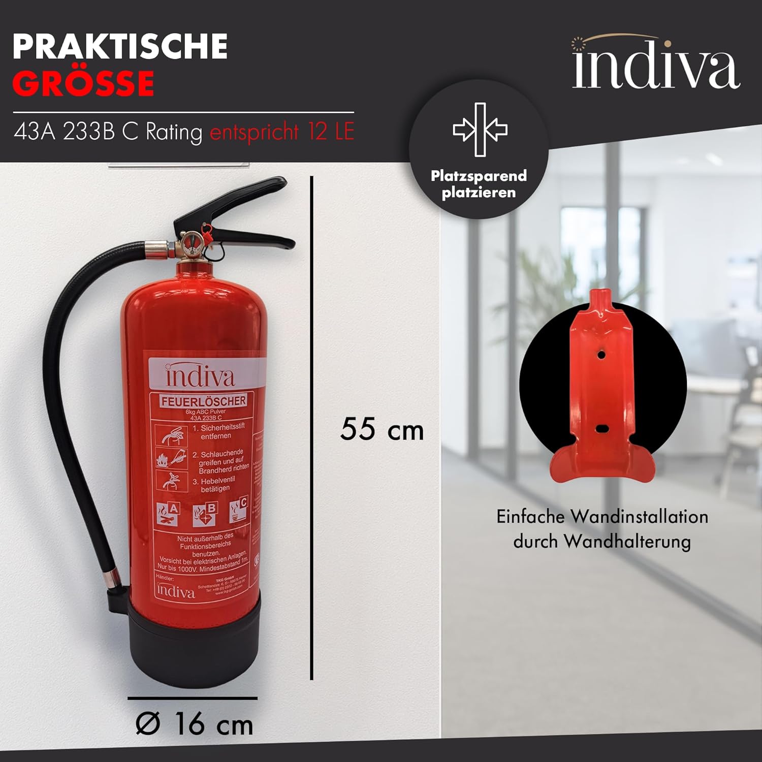 Pulverfeuerlöscher Brandklassen ABC – Feuerlöscher 6 kg – Dauerdrucklöscher 43A 233 BC – Feuerlöscher für Auto, Büro, Werkstatt, Lager & Industrie – Pulverlöscher 12 Löscheinheiten – Bild 3