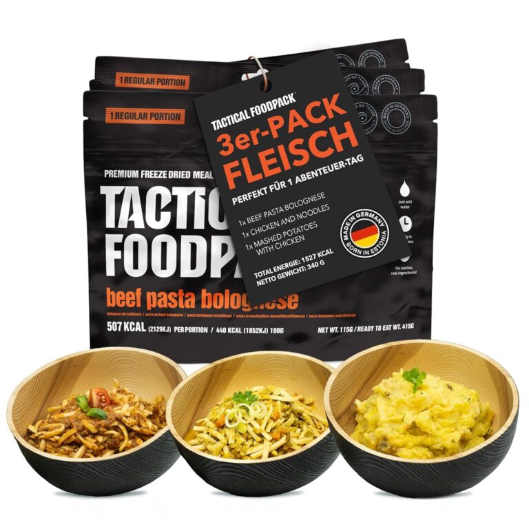 Tactical Foodpack 3er-Set – 3 gefriergetrocknete Mahlzeiten (mit Fleisch) für Camping, Survival, Outdoor-Lebensmittelverfolgung oder Notfallrucksack – Fertiggerichte wie selbstgemacht, verzehrfertig