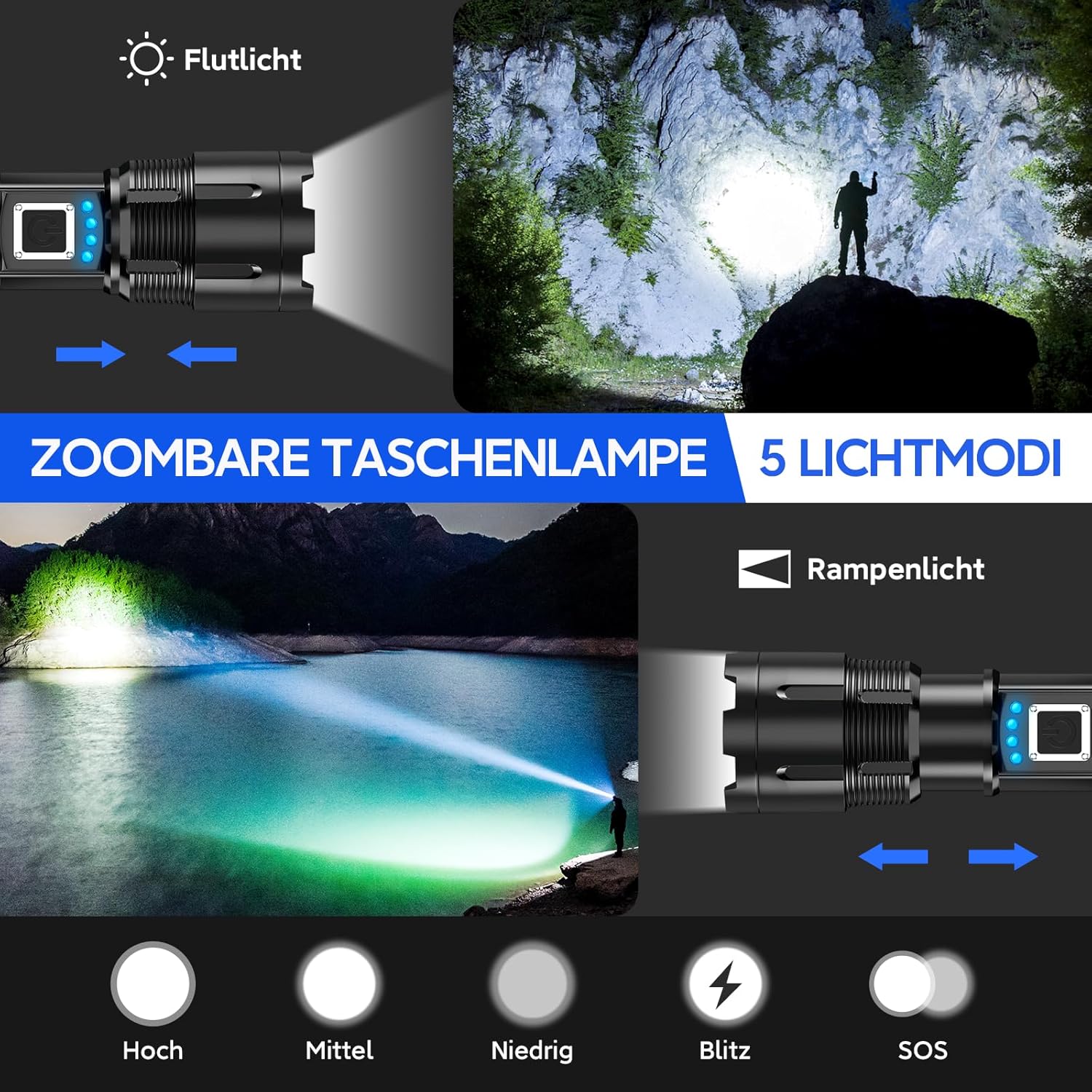 BUCASA XHP70.2 LED wiederaufladbare Taschenlampe, 1000.000 Lumen, LED-Taschenlampe, extrem hell, batteriebetrieben, USB, starke taktische Taschenlampen, IP67 wasserdicht, 5 Modi, Taschenlampe für Notfälle im Freien – Bild 3