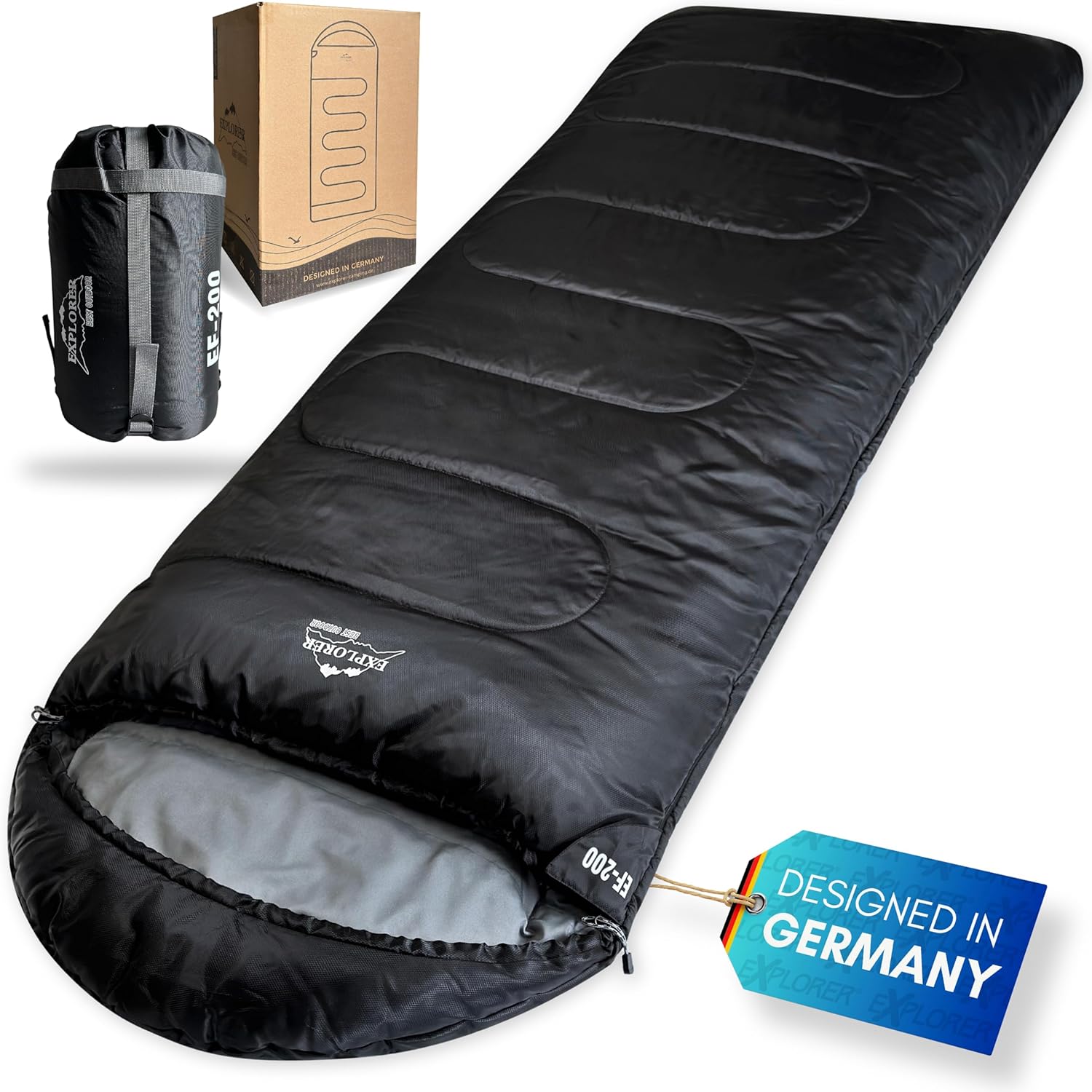 EXPLORER® EF-200 XXL Deckenschlafsack -18°C + 3°C (400 GSM) Schlafsack Gästedecke 3-4 Jahreszeiten 220 x 80 cm Winter Erwachsene Ideal für Outdoor, Camping, Trekking, Festival und Reisen PFC-frei