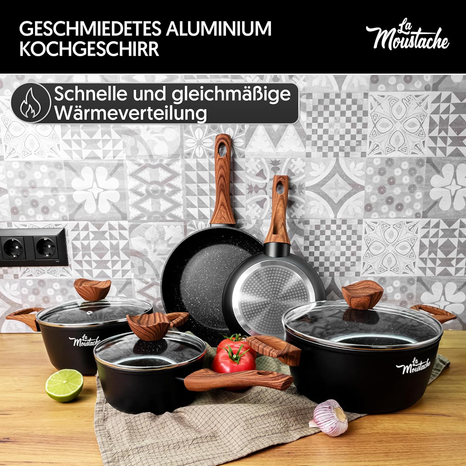 La Mustache – 8-teiliges Aluminium-Kochgeschirr-Set mit E-Book, Antihaftbeschichtung, 3 Töpfen, 3 Glasdeckeln und 2 Bratpfannen für alle Herdarten einschließlich Induktion, PFOA/PFOS-frei (Callao) – Bild 2