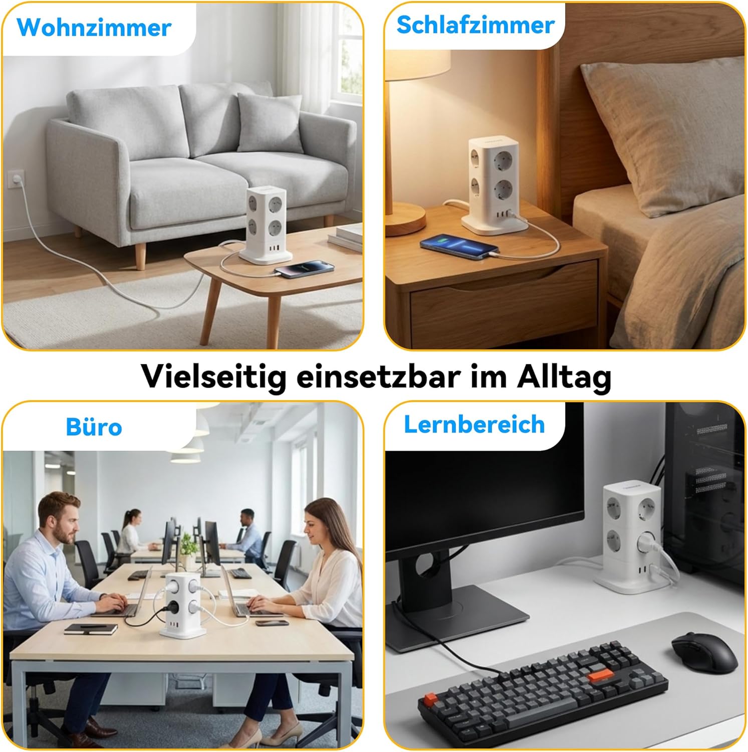 Steckdosenturm mit USB C, 11 in 1 Steckdosenleiste mit 30 W Schnelllade-Überspannungsschutz, 3680 W Mehrfachsteckdose Power Cube mit Schalter und 2 m Verlängerungskabel für Zuhause/Büro/Reisen – Bild 6