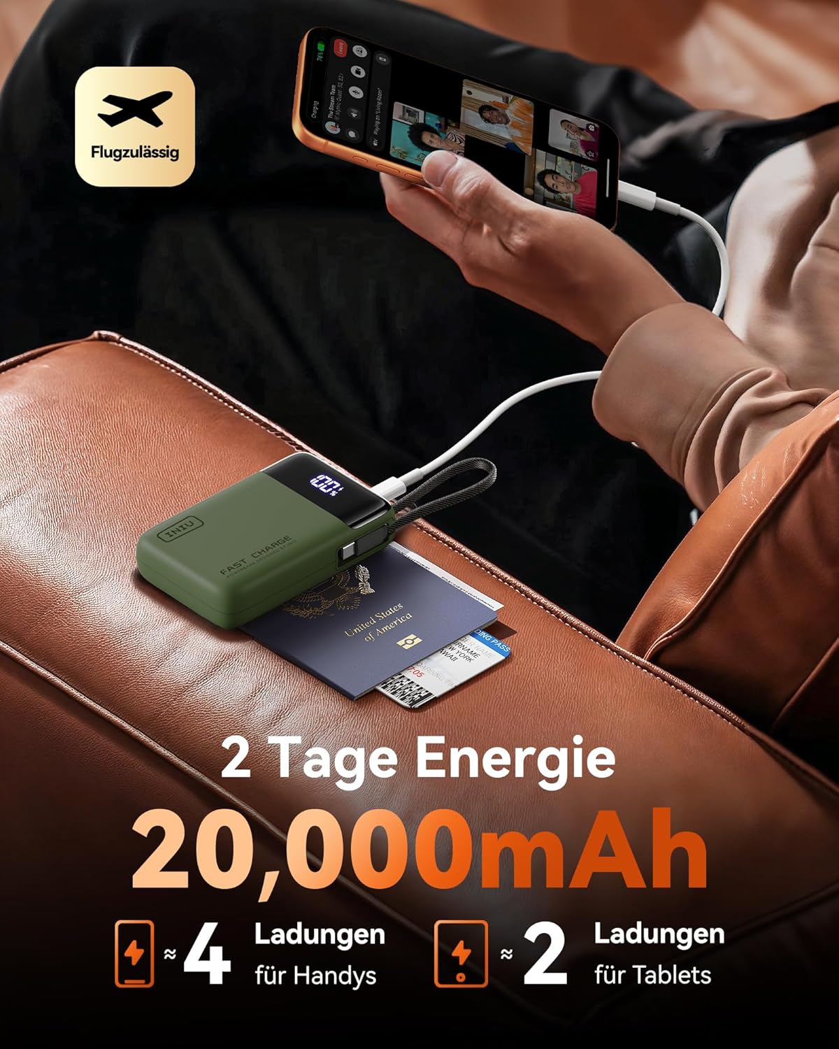 INIU 45W Powerbank, ultrakleine 20000mAh Powerbank mit integriertem USB-C-Kabel, Schnellladung externer Handy-Akkus für Camping, Wandern, Outdoor-Aktivitäten, Festival-Nutzung, Grün – Bild 5