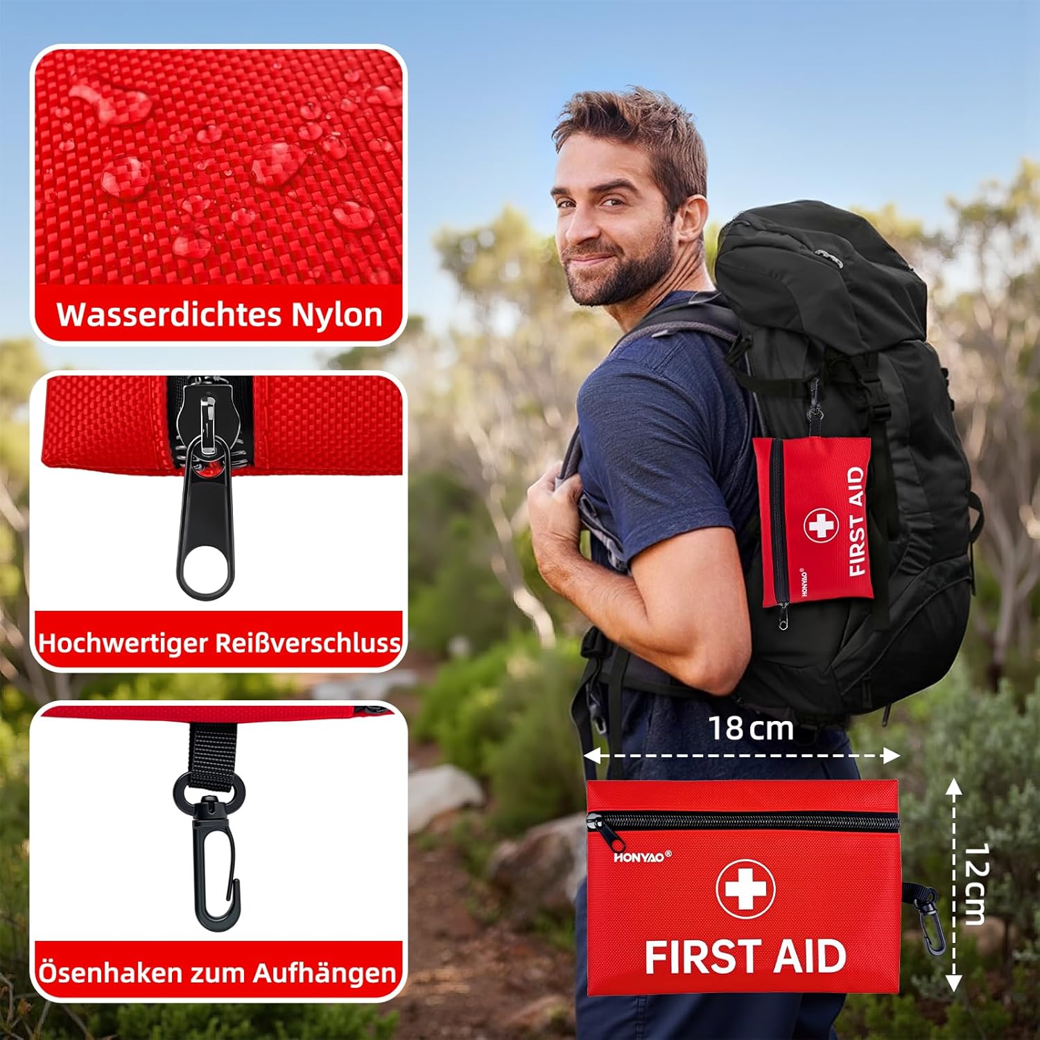HONYAO Erste-Hilfe-Set, 105-teilig, Mini-Reiseapotheke, Erste-Hilfe-Set, klein für Outdoor, Reisen, Zuhause, Camping, Fahrrad, Wandern, Kinder, Rot – Bild 3