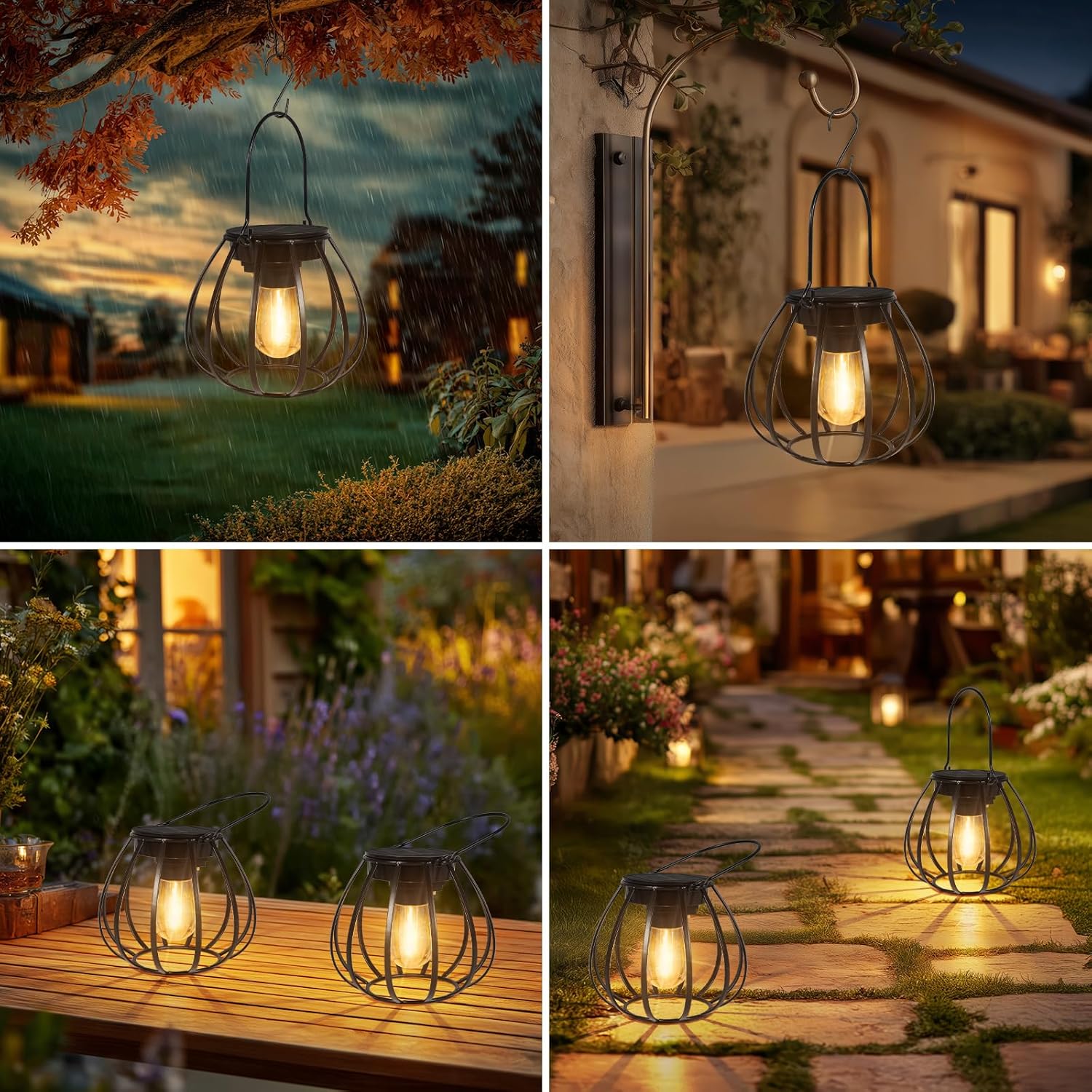 Solarleuchten zum Hängen/Stellen im Freien, 2 Stück – Solarlaternen für den Außenbereich, wetterfest – Solarlaternen mit LED-Glühbirne warmweiß für Gartendekoration, Balkon, Terrassendekoration, Campinglampe – Bild 7