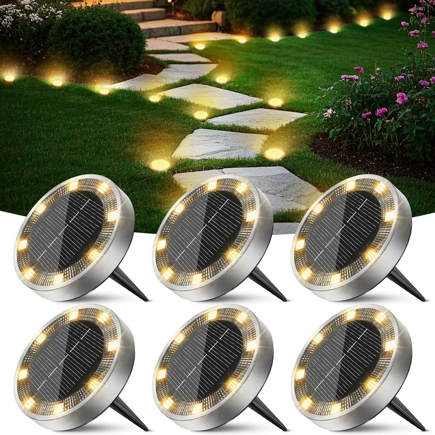 Peasur 6 Stück Solar-Bodenleuchten für den Außenbereich, 8 LED-Solarleuchten für den Außenbereich, Garten, wetterfeste Solarleuchten, Gartenbeleuchtung für Boden, Weg, Rasen, Gehweg, Warmweiß