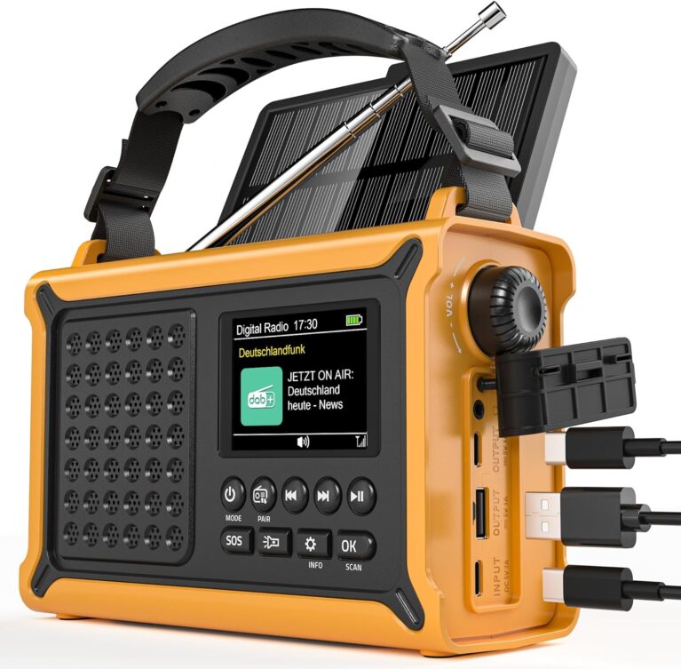 Solarradio, Kurbelradio, 12000 mAh DAB/DAB+/FM, Notfallradio mit 8500 mm² Solarpanel & 650 mA Handkurbel, Dynamoradio mit Bluetooth, als Taschenlampe & Ladegerät, USB, für Camping, Notfall (Gelb)