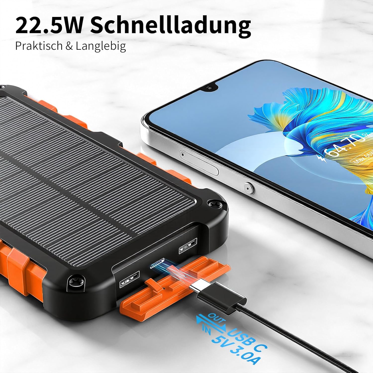 Solar Power Bank 10000 mAh PD 15 W Tragbares Solarladegerät USB C Outdoor Wasserdichter externer Akku mit LED-Licht und 3 Ausgängen für Tablets Smartphones Outdoor Camping Orange – Bild 3